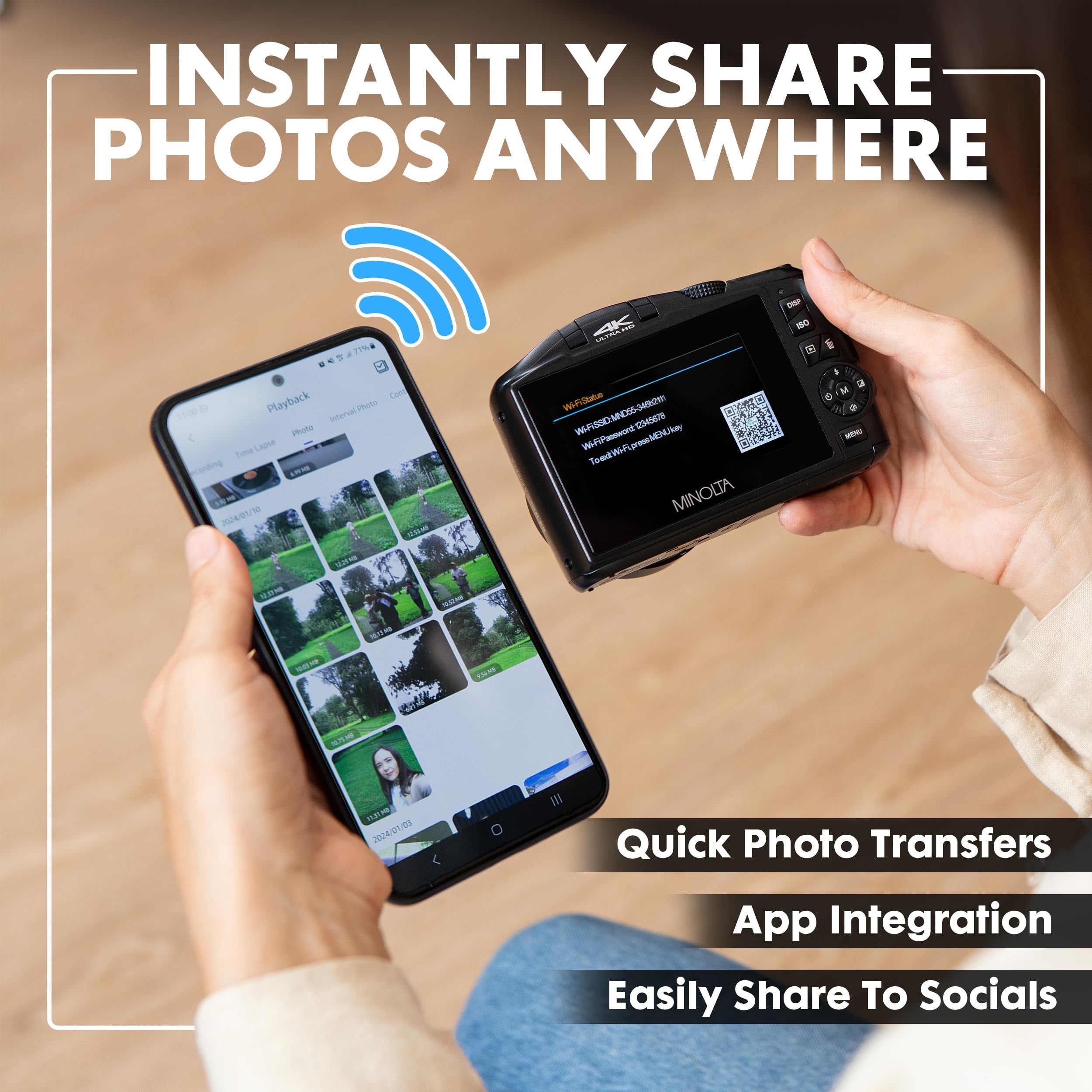 Minolta 64MP Digital Camera – 4K Ultra HD Video at 60FPS, 16x Digital Zoom, WiFi, CMOS Sensor, 3-inch LCD Display, Auto Exposure - Includes 32GB Memory Card, Rechargeable Battery (Blue)