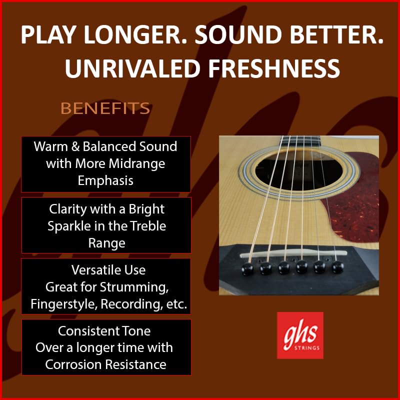 GHS Strings – Phosphor Bronze Acoustic Guitar Strings – Warm, Rich Tone, Balanced & Long-Lasting - For Acoustic, Fingerstyle, Strumming, Country, Rock, S325 Set (L) Light Gauge 13-56, 6 PACK