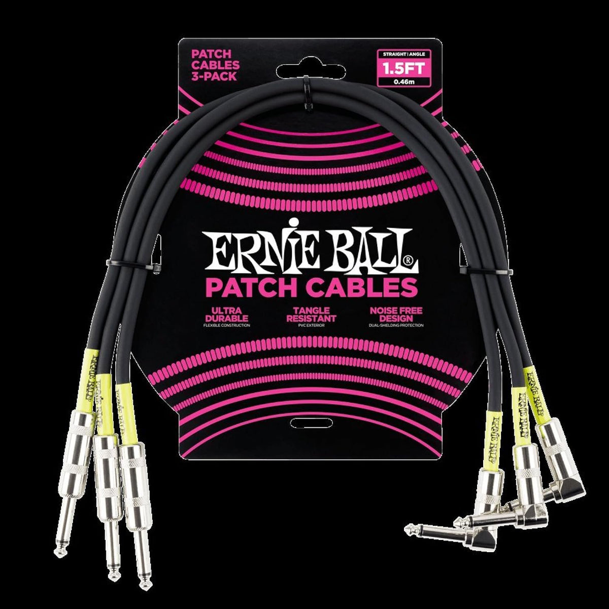 Ernie Ball Patch Cable 3-Pack, Straight/Angle, 1.5ft, Black (P06076)