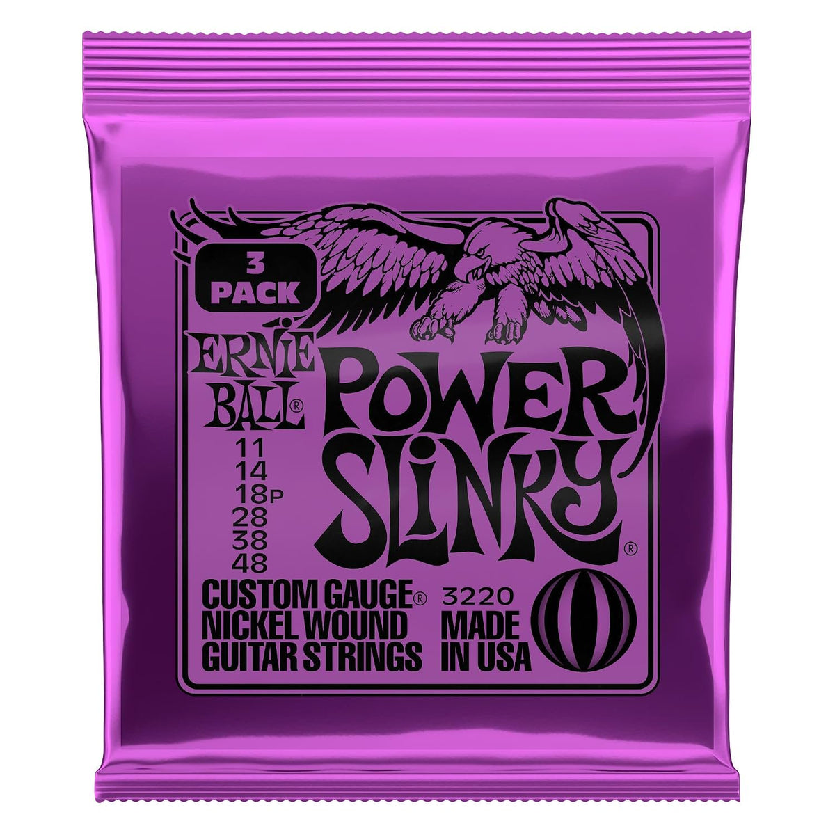Ernie Ball Power Slinky Nickel Wound Electric Guitar Strings 3-pack, 11-48 Gauge (P03220)