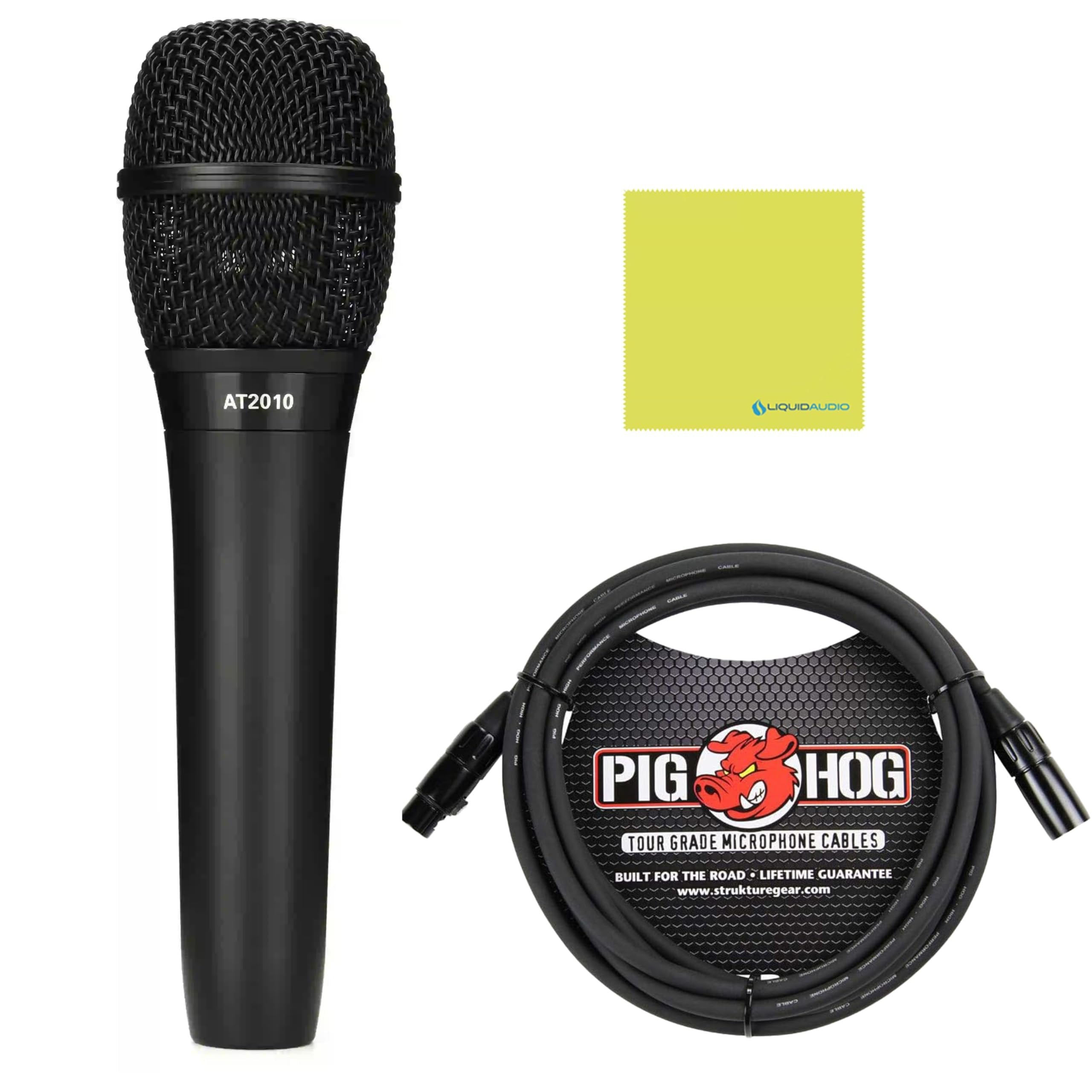 Audio Technica AT2010 Cardioid Condenser Handheld Microphone Bundle with 10ft XLR Pig Hog Mic Cable & Polishing Cloth – Studio-Quality Vocal Mic for Live Performance & Recording