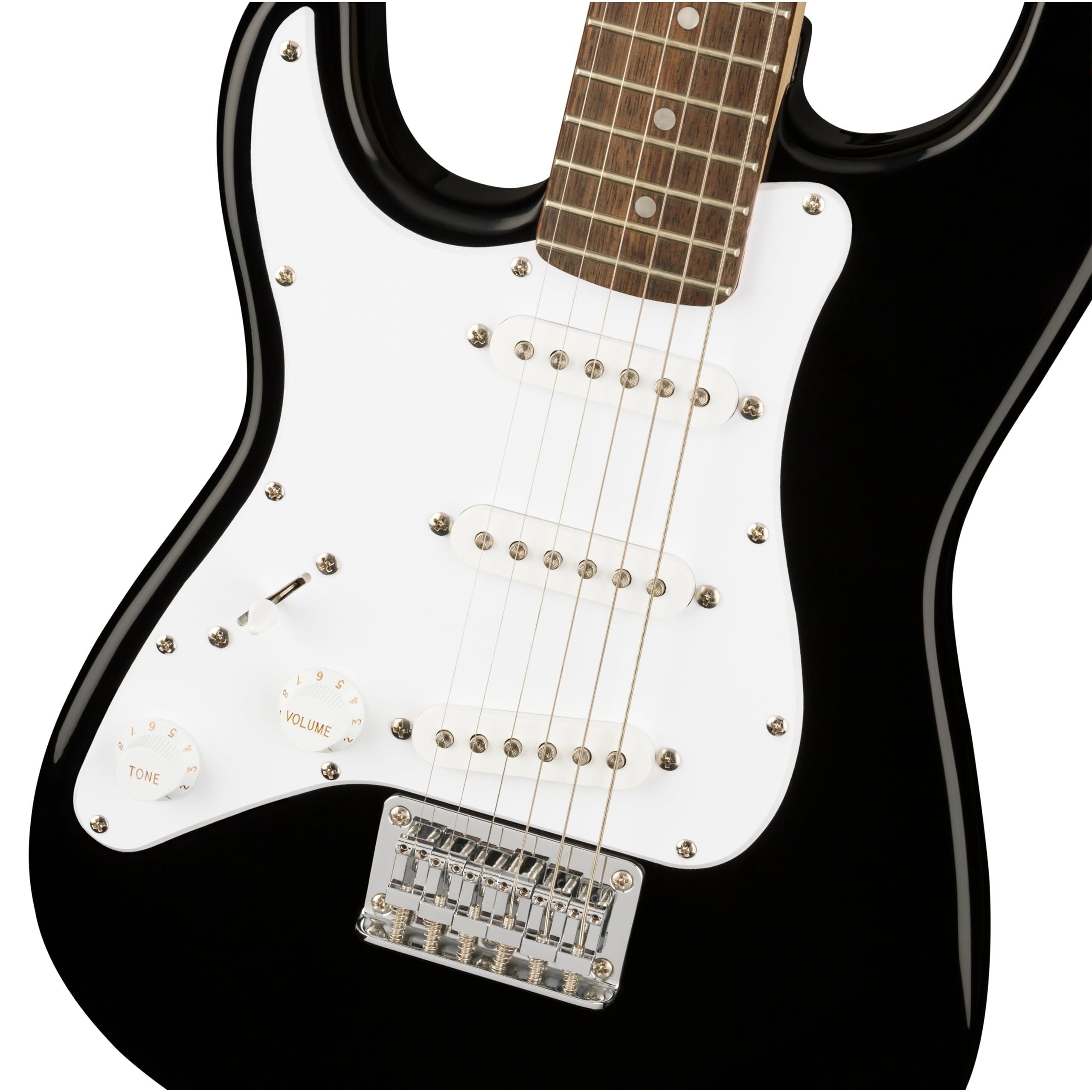 Squier Mini Stratocaster Left-Handed Electric Guitar Black Bundle with 12 Guitar Picks & Polishing Cloth – Laurel Fingerboard, 3/4-Size Body, Hardtail Bridge, Classic Strat Tone & Playability