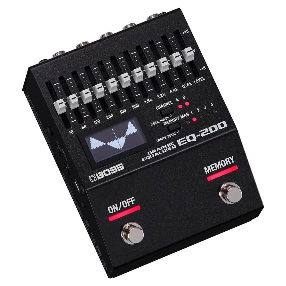 BOSS EQ-200 Graphic Equalizer Pedal Bundle with 2x 6" Right Angle Patch Cables, 12 Guitar Picks & Polishing Cloth – Dual-Channel 10-Band EQ with Memory, Stereo I/O & Graphic Display