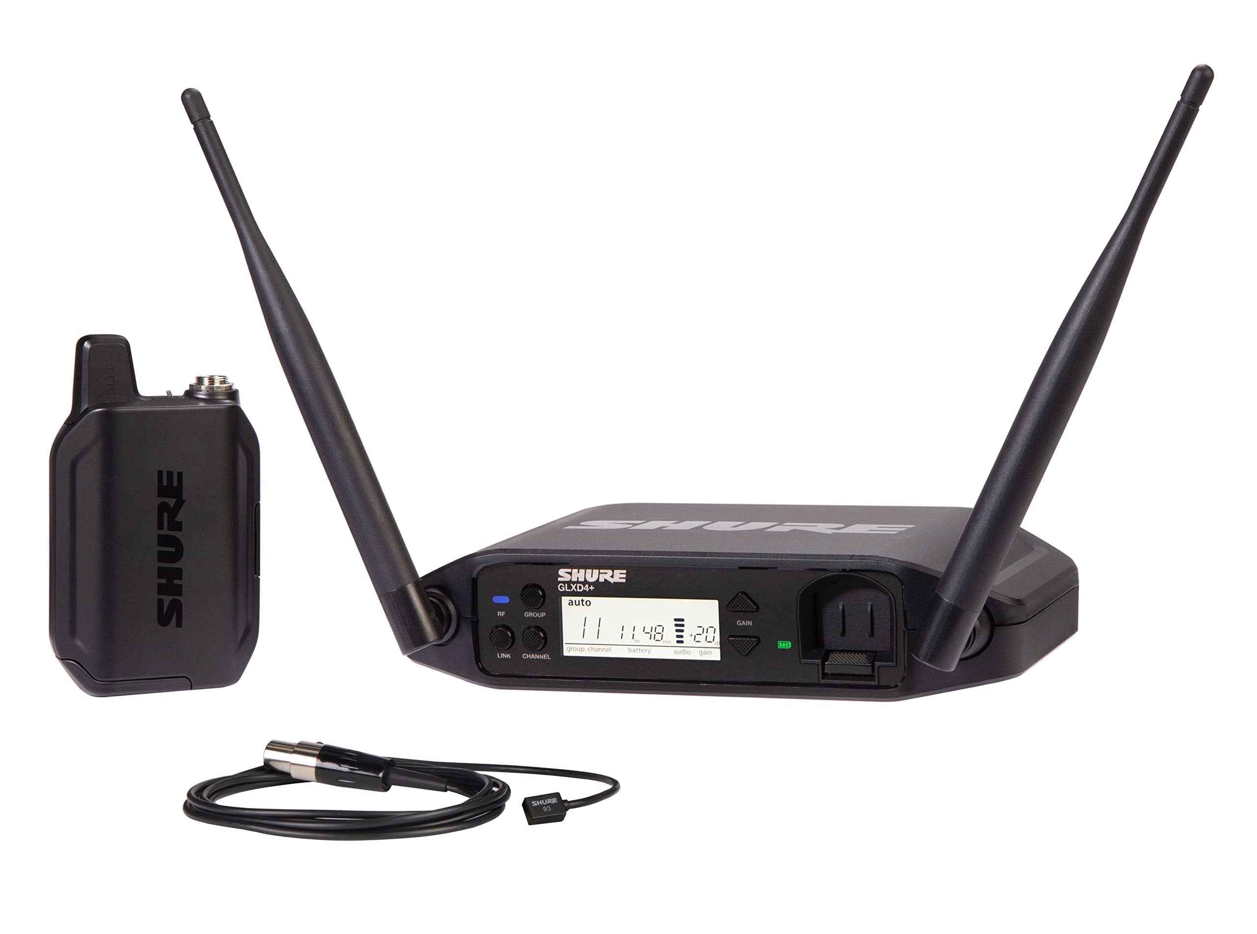 Shure GLXD14+/93 Dual Band Pro Digital Wireless Microphone System for Interviews, Presenting, Theater - 12-Hour Battery Life, 100 ft Range | WL93 Lavalier Mic, Single Channel Receiver (GLXD14+/93-Z3)