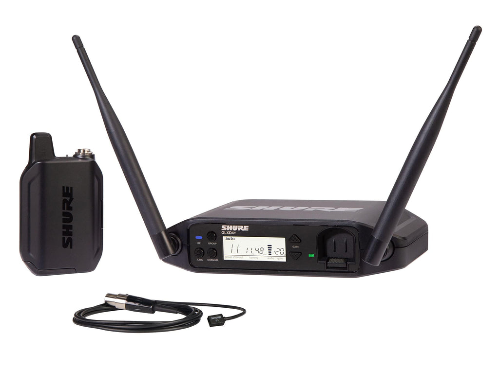 Shure GLXD14+/93 Dual Band Pro Digital Wireless Microphone System for Interviews, Presenting, Theater - 12-Hour Battery Life, 100 ft Range | WL93 Lavalier Mic, Single Channel Receiver (GLXD14+/93-Z3)