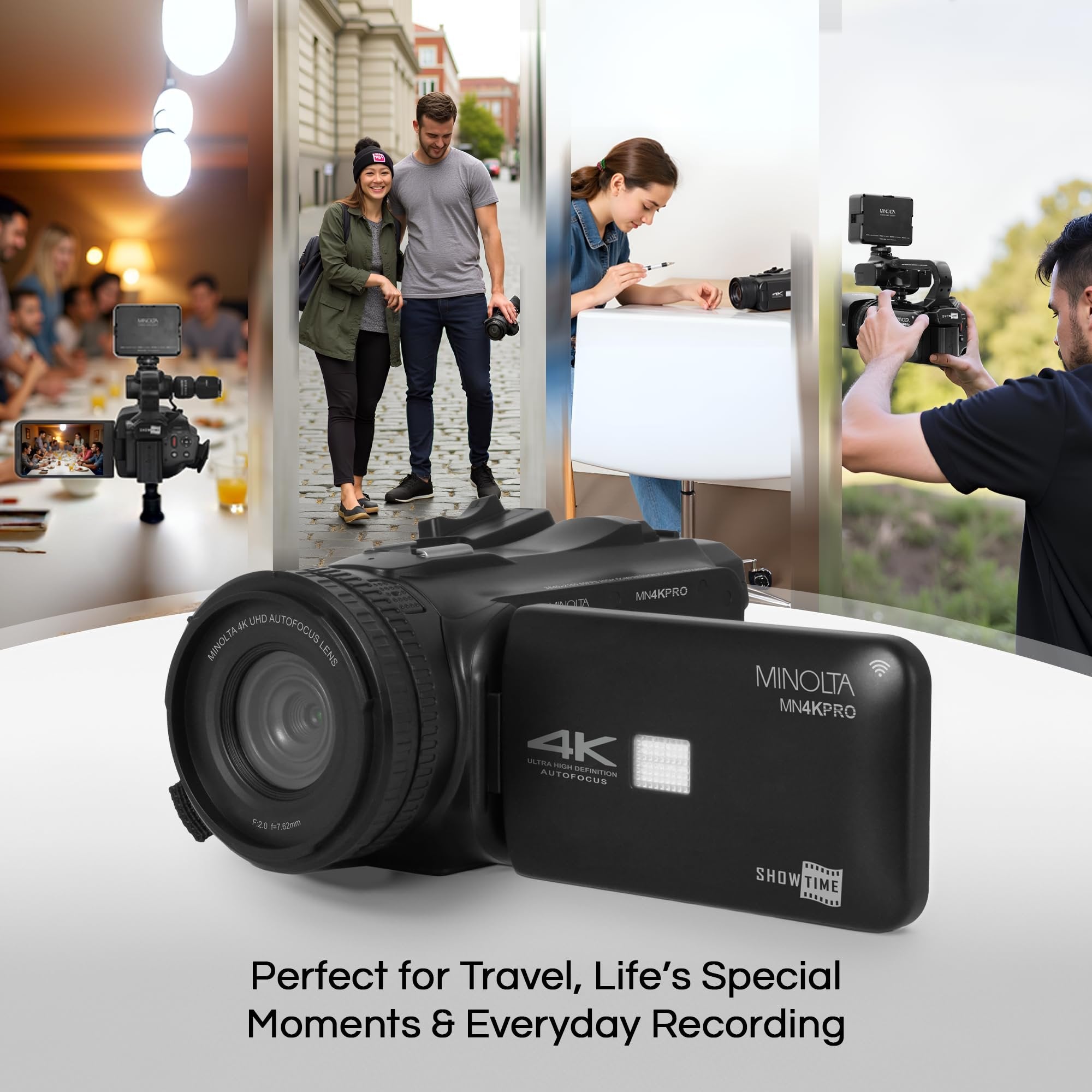 Minolta 64MP Autofocus Video Camera with Microphone & Video Light, 4" Touchscreen, 4K Ultra HD Video, 18x Digital Zoom, WiFi, Stabilizer, 32GB Card, 3100mAh Battery, Carrying Bag (Black)