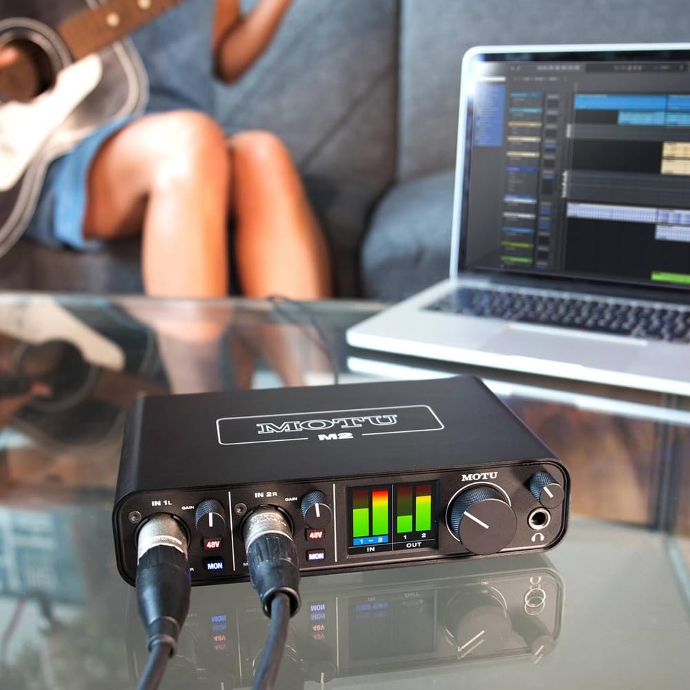 MOTU M2 USB-C Audio Interface Bundle with 2x Pig Hog 10ft XLR Tour Grade Microphone Cables & Polishing Cloth – 2x2 Interface with ESS Sabre32 Ultra DAC & Loopback for Streaming