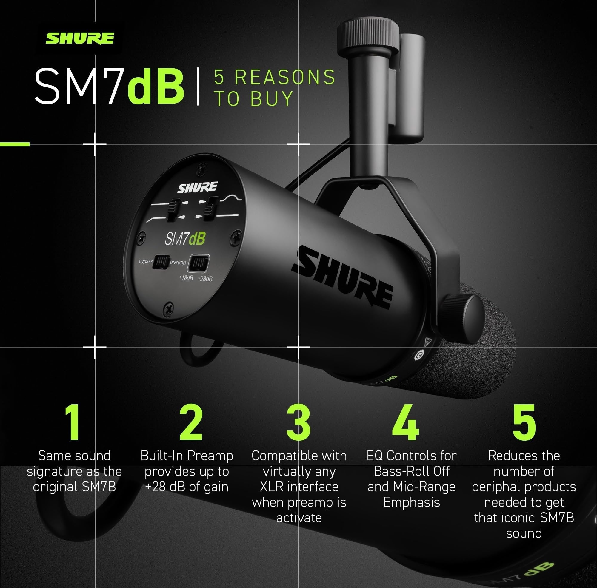Shure SM7dB Dynamic Vocal Microphone w/Built-in Preamp for Streaming, Podcast, & Recording, Wide-Range Frequency, Warm & Smooth Sound, Rugged Construction, Detachable Windscreen - Black