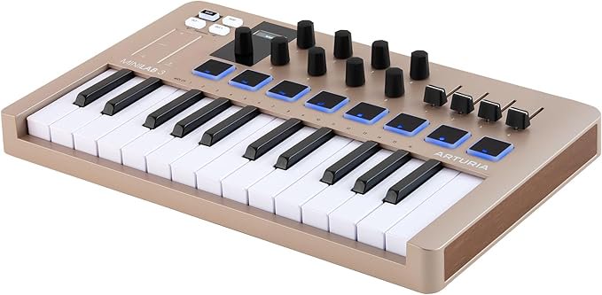 Arturia MiniLab 3, 25 Slim-Key USB-C Midi Controller with 5-Year Warranty, 8 Backlit LED Pads, 8 Knobs, 4 Faders, Midi Out, Built-in Arpeggiator, Chord mode and Software Bundle