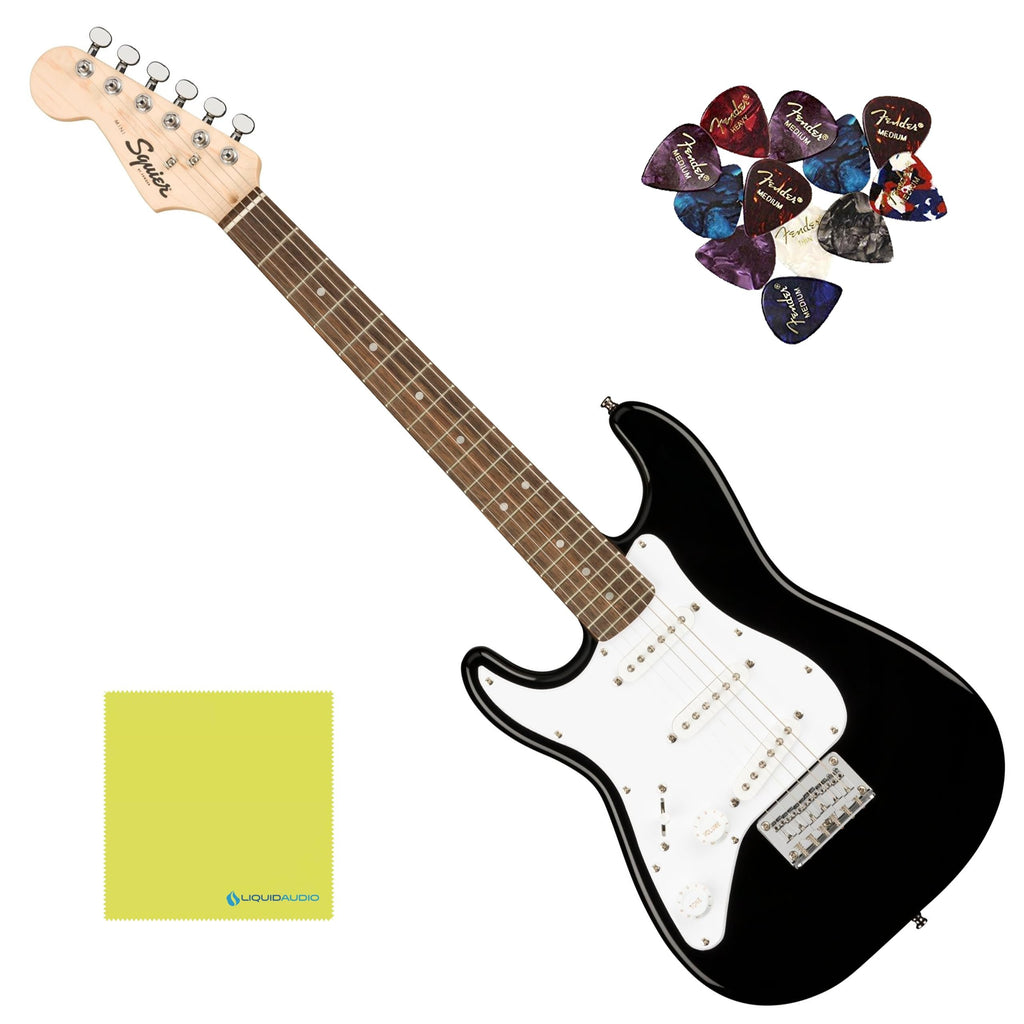 Squier Mini Stratocaster Left-Handed Electric Guitar Black Bundle with 12 Guitar Picks & Polishing Cloth – Laurel Fingerboard, 3/4-Size Body, Hardtail Bridge, Classic Strat Tone & Playability