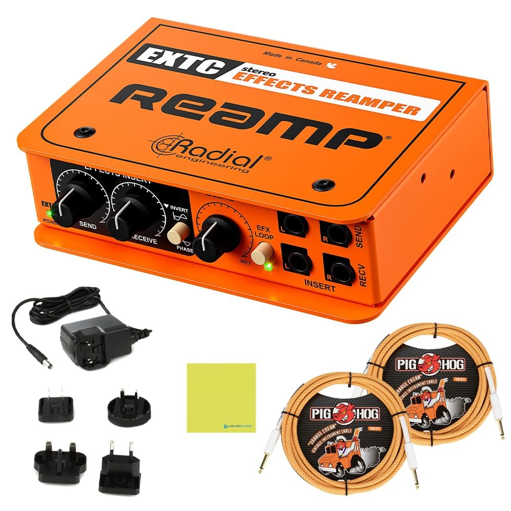 Radial Engineering EXTC-Stereo Guitar Effects Interface & Reamper Bundle w/ 2-Pack Pig Hog 10' Orange Cream 2.0 Instrument Cable, Power Adapter and Liquid Audio Polishing Cloth