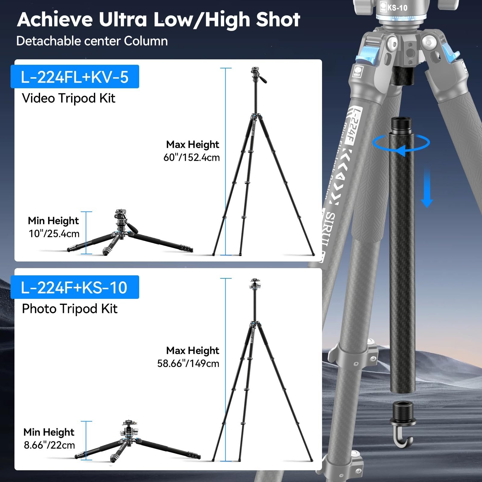 SIRUI Carbon Fiber Travel Tripod with Low Profile Ball Head, 58.6" Lightweight Compact Tripod for Cameras, Quick Mini Flip Locks, Reversible Center Column, Max Load 33lbs (L-224FL+KS-10)