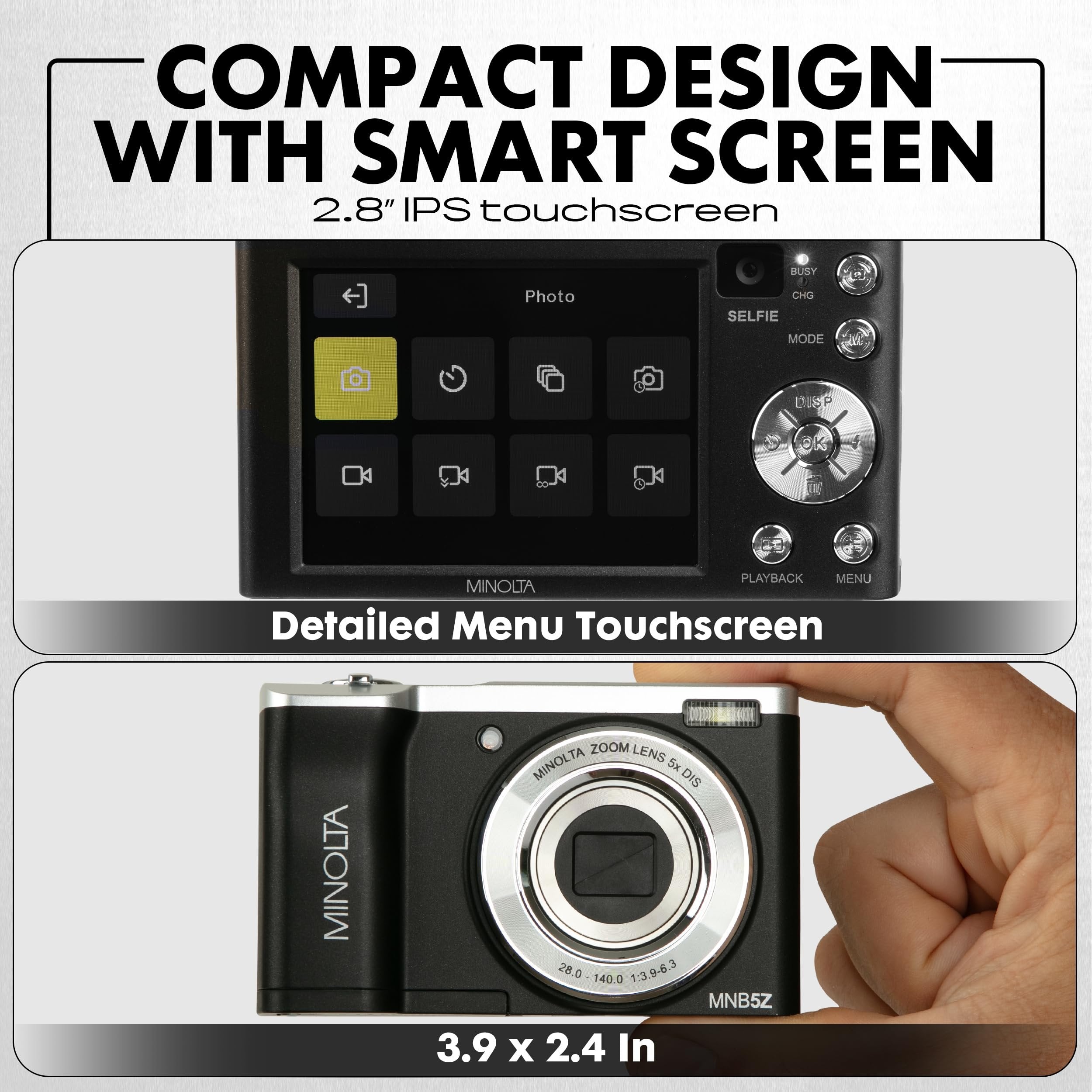 Minolta 56MP Dual Lens Digital Camera – 5X Optical Zoom, 5K Ultra HD Video, CMOS Sensor, 2.8-inch LCD Screen, Stabilization, Selfie Lens, 32GB Card, Rechargeable Battery (White)