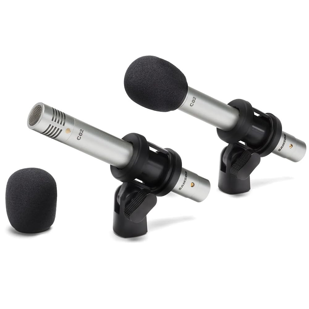 Samson C02 Pencil Condenser Microphones Bundle with 2X 10ft Pig Hog 8mm Tour Grade XLR Mic Cables & Polishing Cloth – Matched Pair for Overheads, Acoustic Instruments & Studio Use