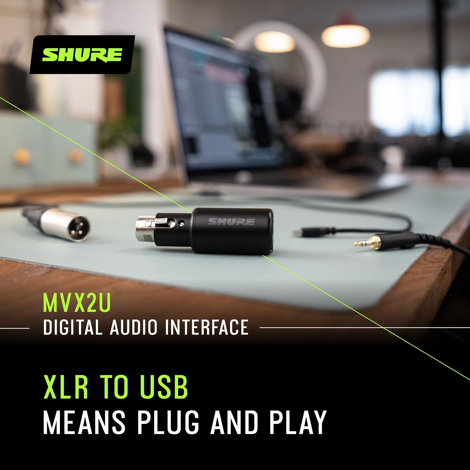 Shure MVX2U XLR-to-USB Interface with Headphone Jack, 60dB Gain, Zero-Latency Monitoring, 48V Phantom Power, ShurePlus App, USB-C Cable