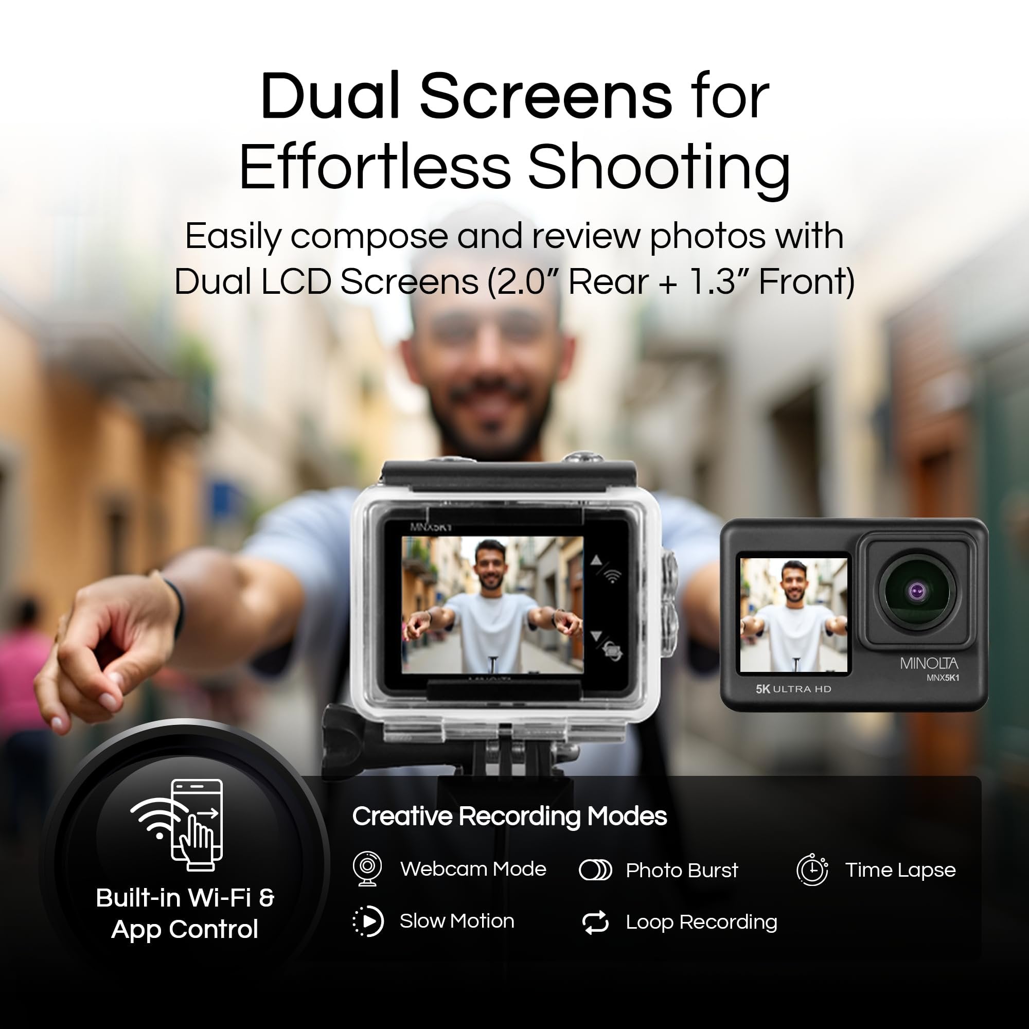 Minolta Action Camera – 5K Ultra HD at 30fps, 24MP Photos, 170° Wide-Angle Lens, Dual LCD Screens, Waterproof Case to 100ft, Wi-Fi Control, Sports Cam Kit (Black)