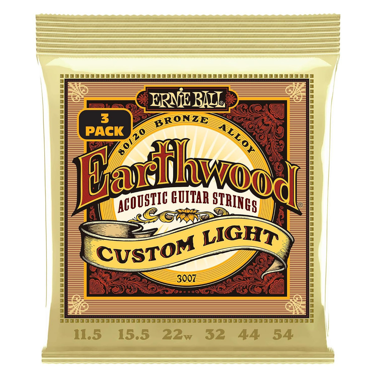 Ernie Ball Earthwood Custom Light 80/20 Bronze Acoustic Guitar Strings, 3-pack, 11.5-54 Gauge (P02007)