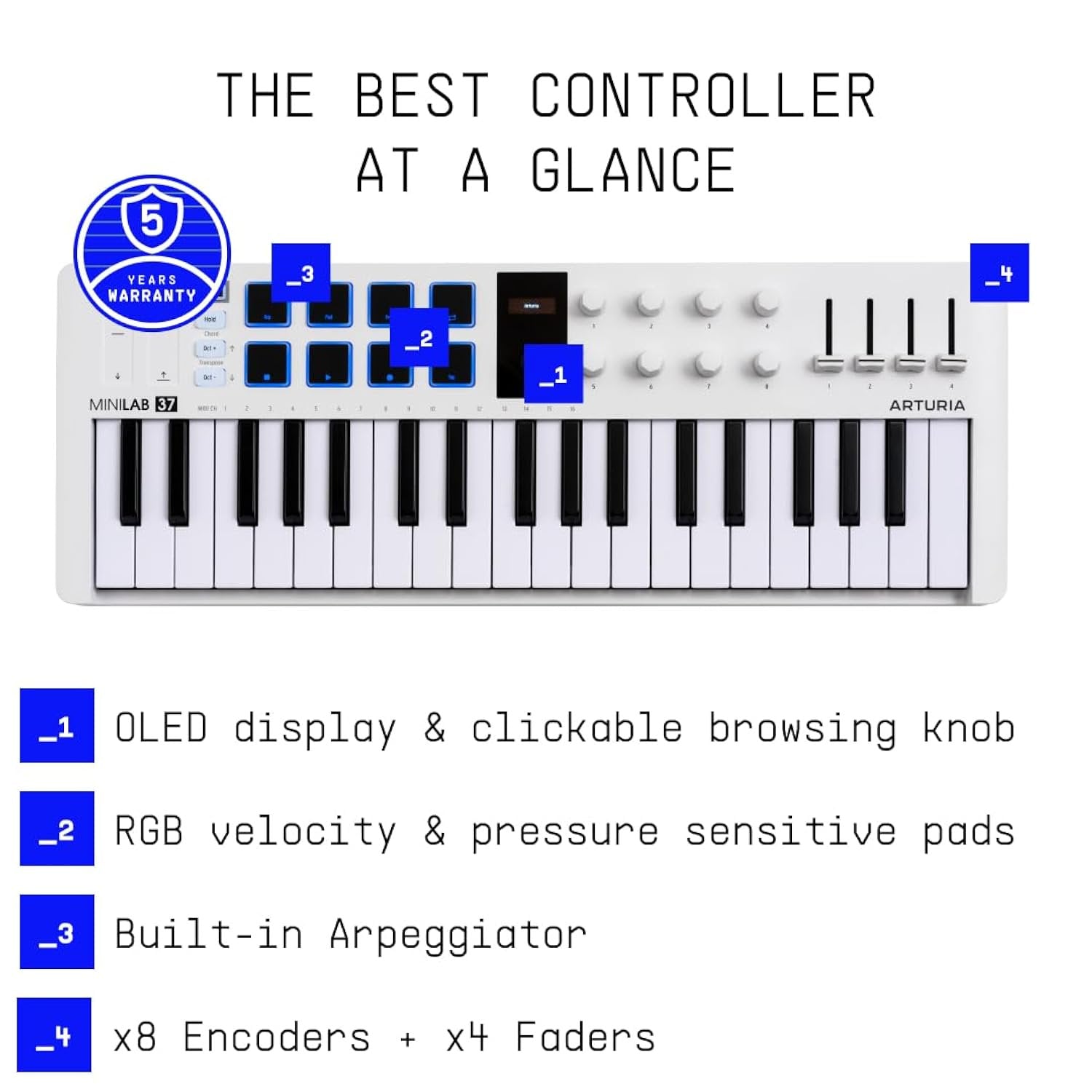 Arturia MiniLab 37 MIDI Keyboard Controller – 37 Slim Keys, 8 Pads, DAW Integration, Arpeggiator, Chord Mode, Portable Design, Music Production Software Included, White