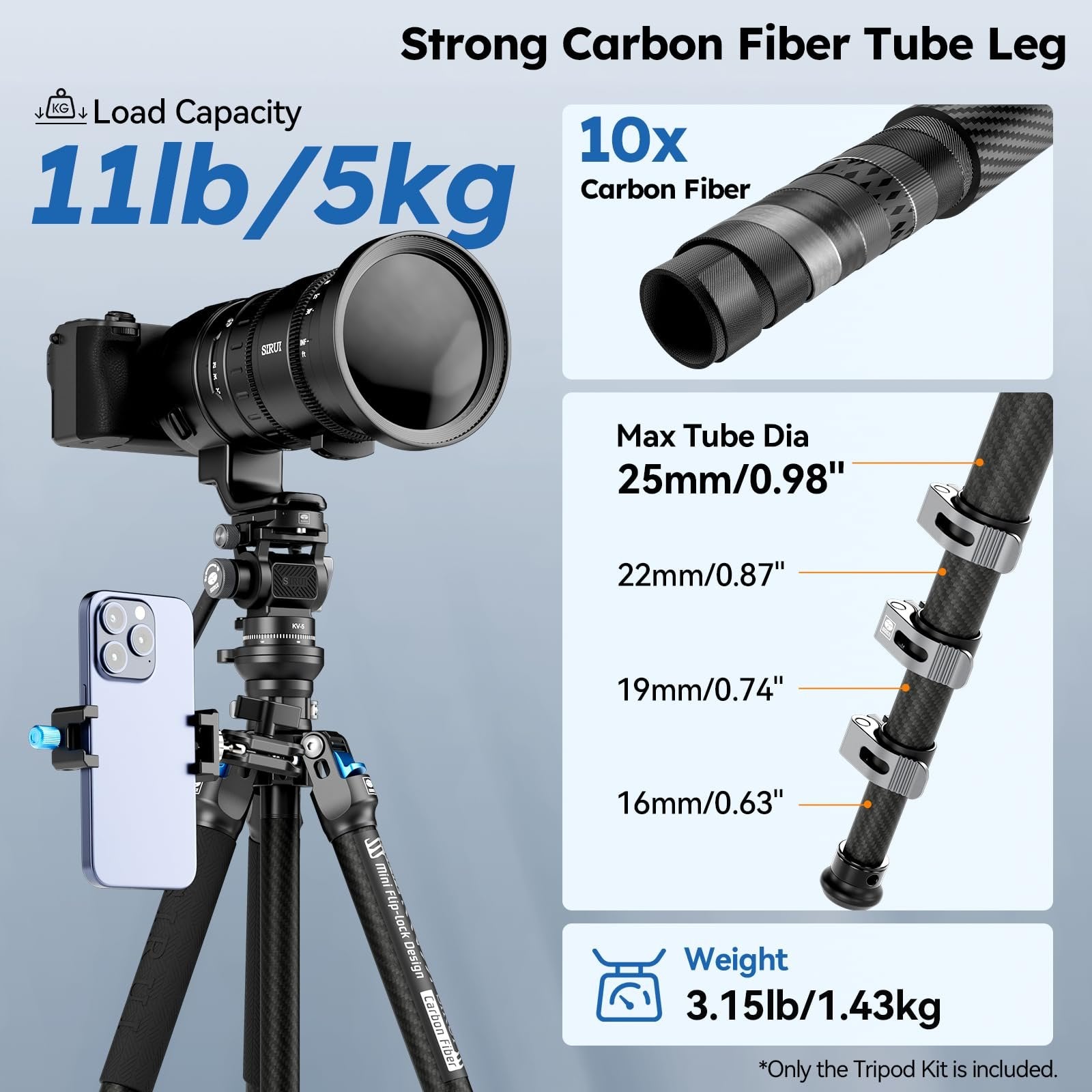 SIRUI Carbon Fiber Travel Tripod with Fluid Head, 60" Lightweight Compact Tripod for Cameras, Quick Mini Flip Locks, Reversible Center Column, Max Load 11lbs (L-224FL+KV-5)
