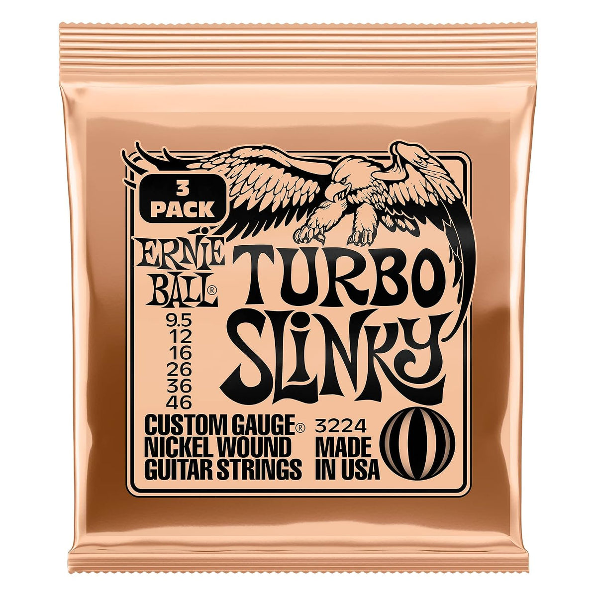 Ernie Ball Turbo Slinky Nickel Wound Electric Guitar Strings 3-pack, 9.5-46 Gauge (P03224)