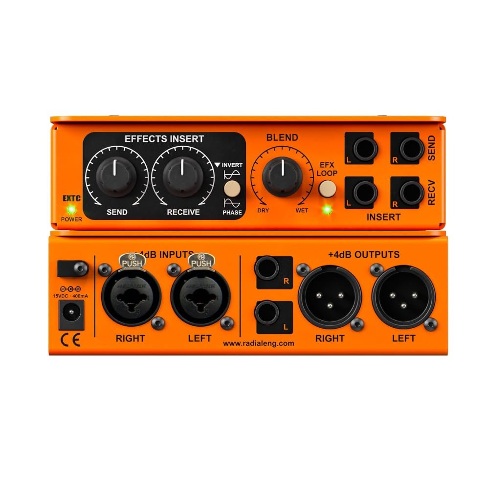 Radial Engineering EXTC-Stereo Guitar Effects Interface & Reamper Bundle w/ 2-Pack Pig Hog 10' Orange Cream 2.0 Instrument Cable, Power Adapter and Liquid Audio Polishing Cloth