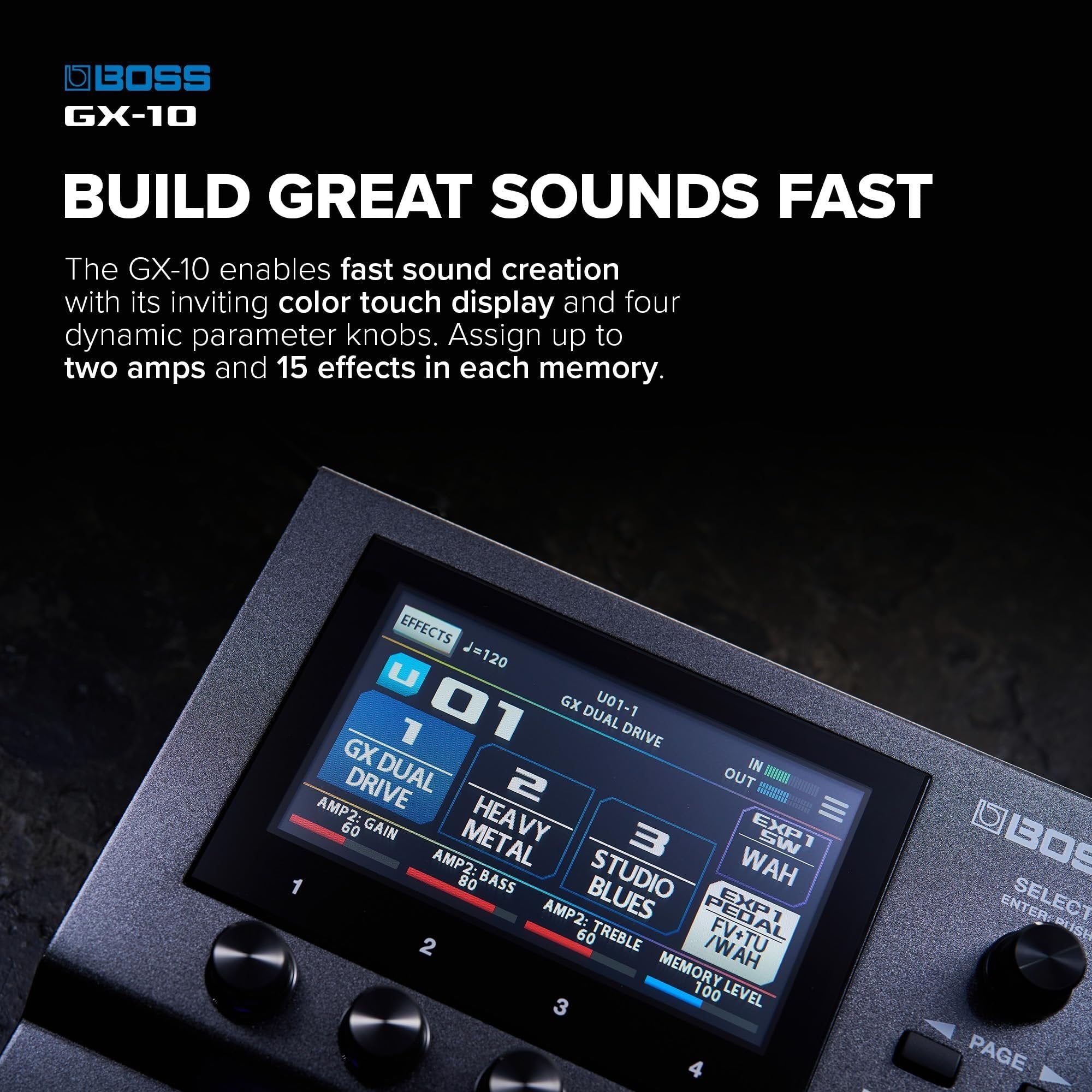 BOSS GX-10 | Compact Guitar & Bass Effects Processor | GX-100 Sound Engine | Colour Touch Display | 32 Amp Types & 170 BOSS Effects | Multi-mode Footswitches & Expression Pedal | AIRD Technology