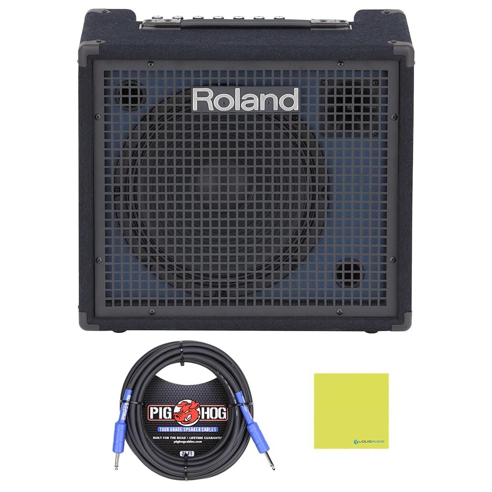 Roland KC-200 4-Channel Mixing Keyboard Amplifier 100-Watt Bundle with 25ft Pig Hog Speaker Cable & Polishing Cloth – Powerful Combo Amp with Sub Output, EQ, and Stereo Line Inputs
