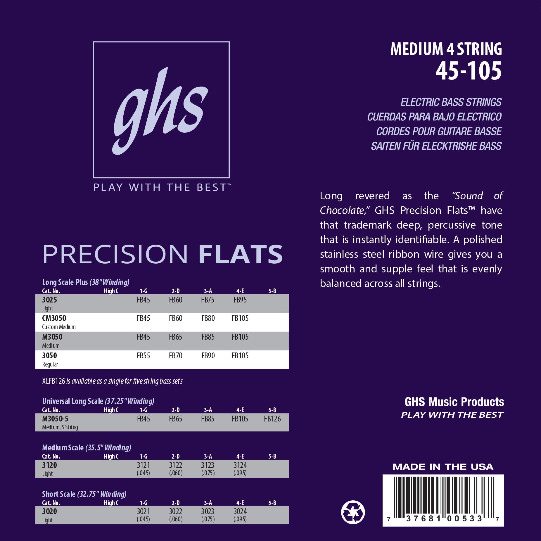 GHS Strings M3050 4-String Bass Precision Flats, Stainless Steel Flatwound Bass Strings, 38" Winding, Medium (45-105)