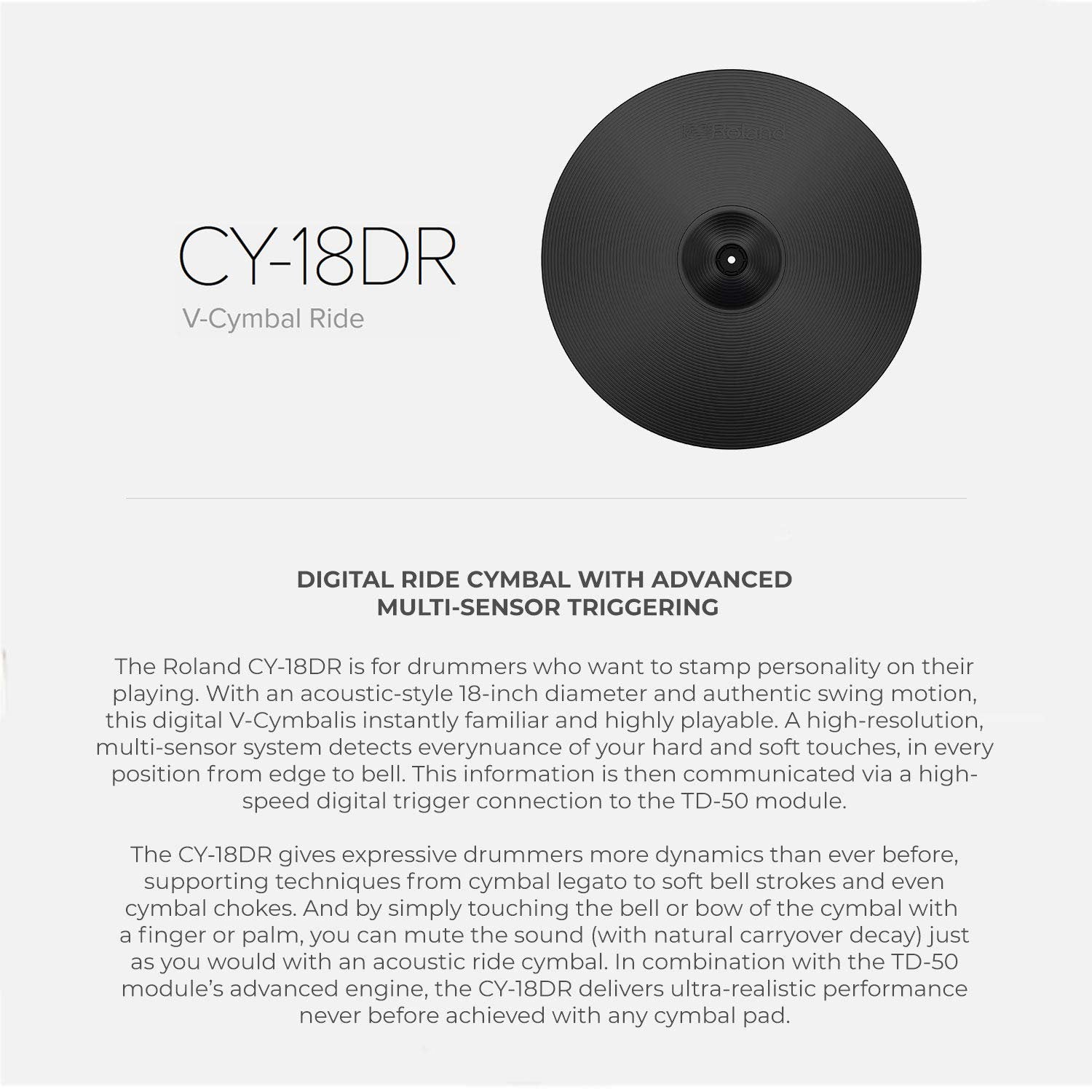 Roland CY-18DR Electric Drum Acousitc Style V-Cymbal, 18-Inch, Black