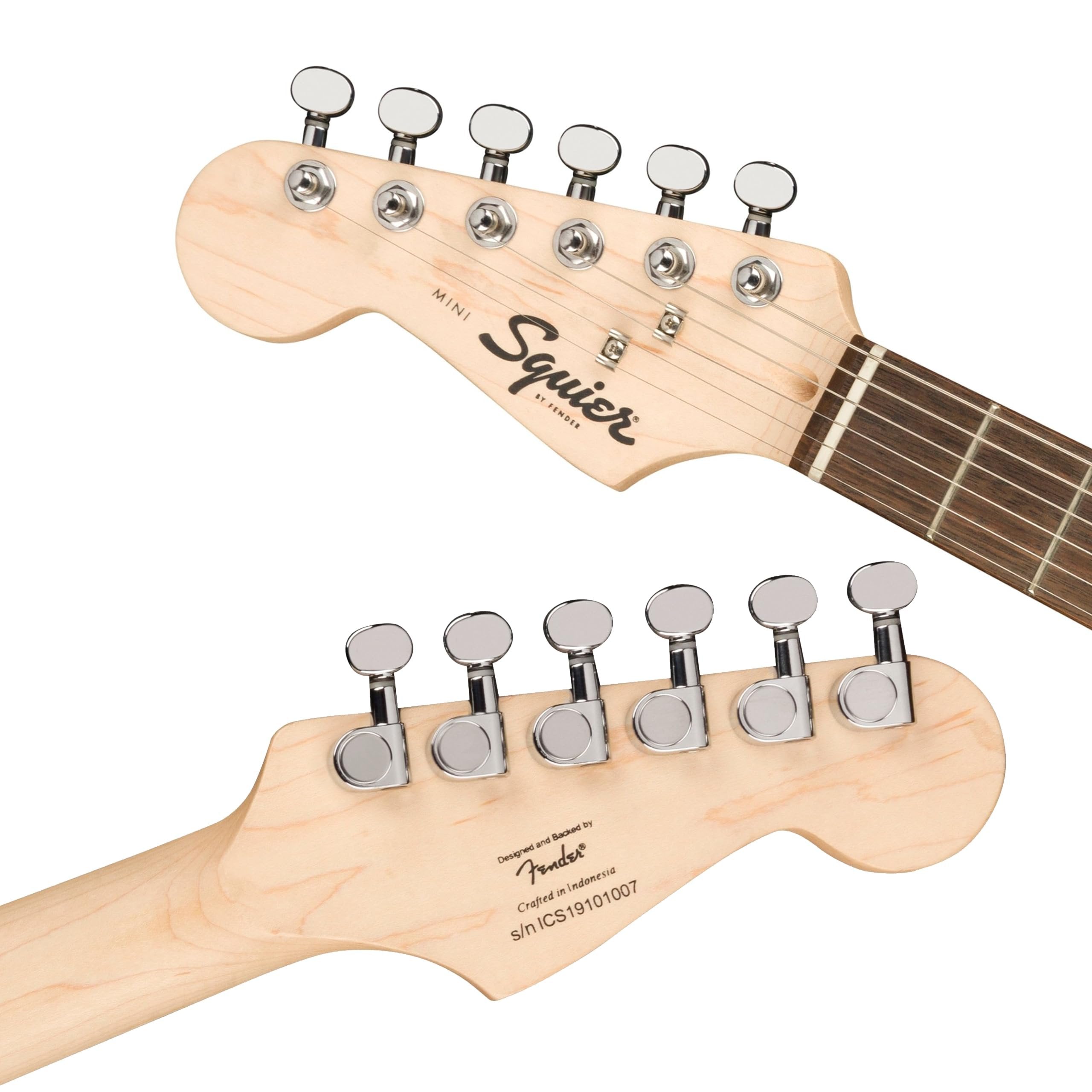 Squier Mini Stratocaster Left-Handed Electric Guitar Black Bundle with 12 Guitar Picks & Polishing Cloth – Laurel Fingerboard, 3/4-Size Body, Hardtail Bridge, Classic Strat Tone & Playability