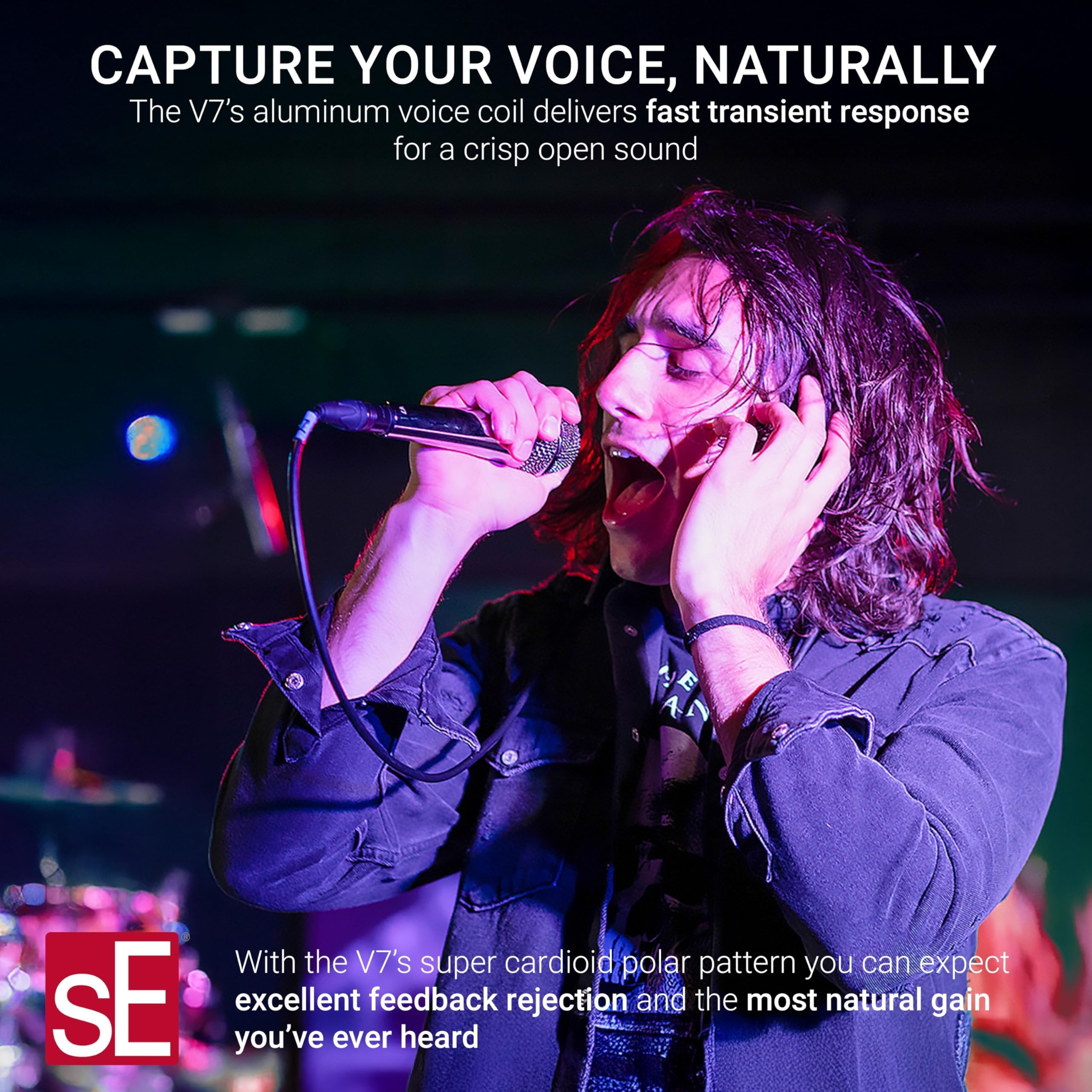 SE ELECTRONICS V7 Dynamic Microphone for Singing, Speech & Studio Recording - XLR Handheld Professional Microphone with Supercardioid Aluminum Voice Coil for Huge Gain Before Feedback - Gold