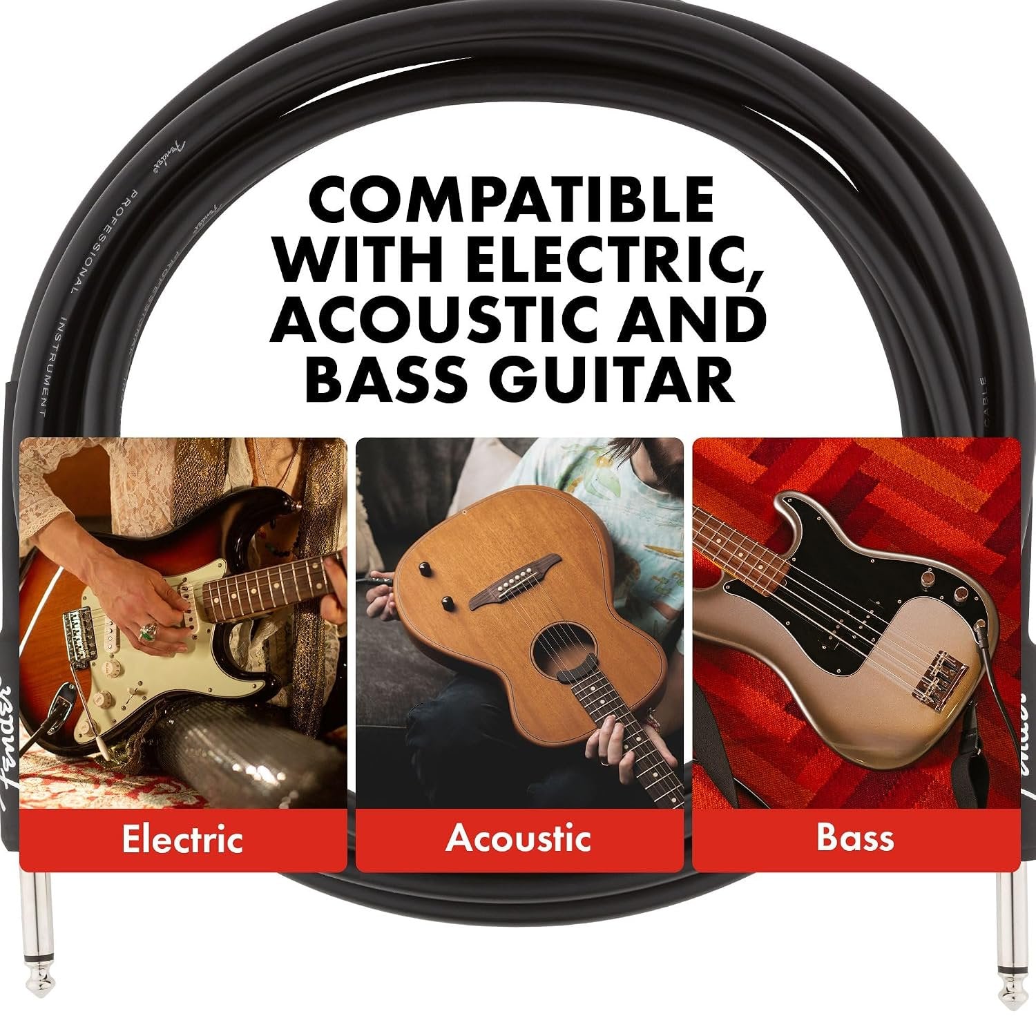 Fender Professional Series Instrument Cable, Guitar Cable, Guitar Accessories, Straight/Straight, Black, 15ft
