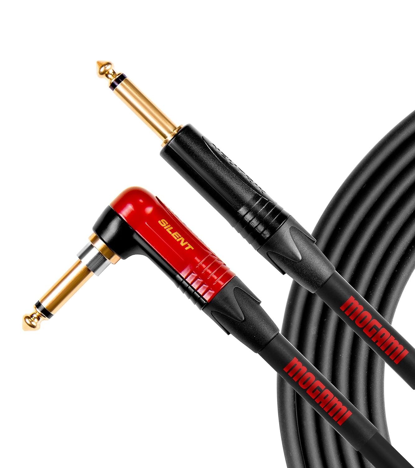 Mogami OD GTR-20 Silent R Overdrive Guitar Instrument Cable, 1/4” TS Male Plugs, Gold Contacts, Right Angle silentPLUG to Straight Connectors, 20 Foot