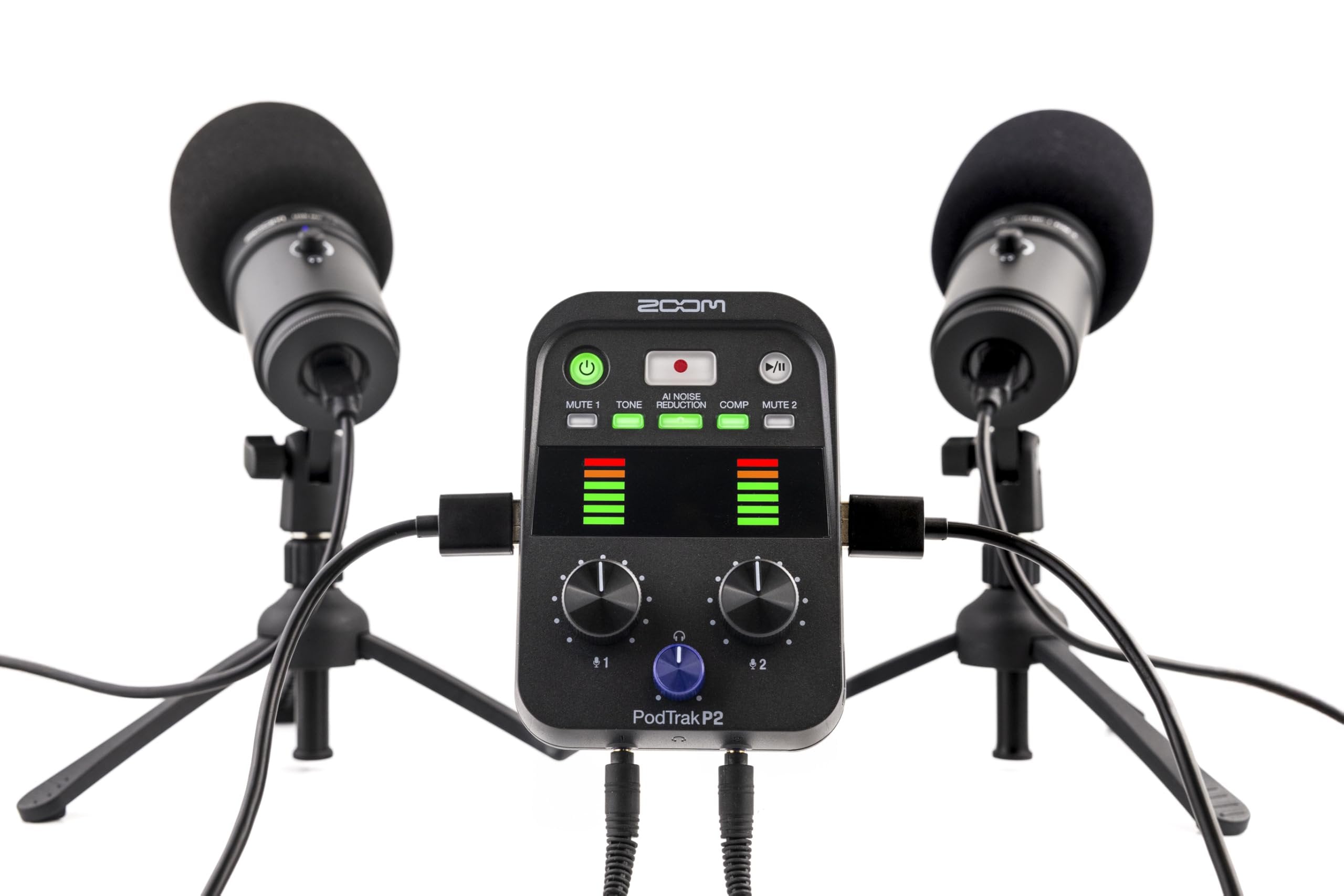Zoom PodTrak P2 Podcast Recorder, 2 USB Mic Inputs, 2 Headphone Outputs, AI Noise Reduction, Tone & COMP Effects, Remote Guest Recording, SD Card, Battery/USB-C Powered