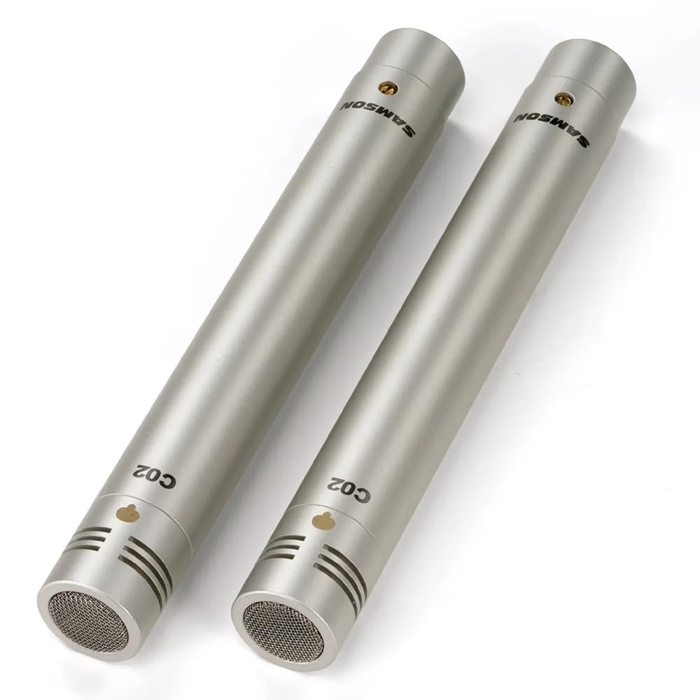Samson C02 Pencil Condenser Microphones Bundle with 2X 10ft Pig Hog 8mm Tour Grade XLR Mic Cables & Polishing Cloth – Matched Pair for Overheads, Acoustic Instruments & Studio Use