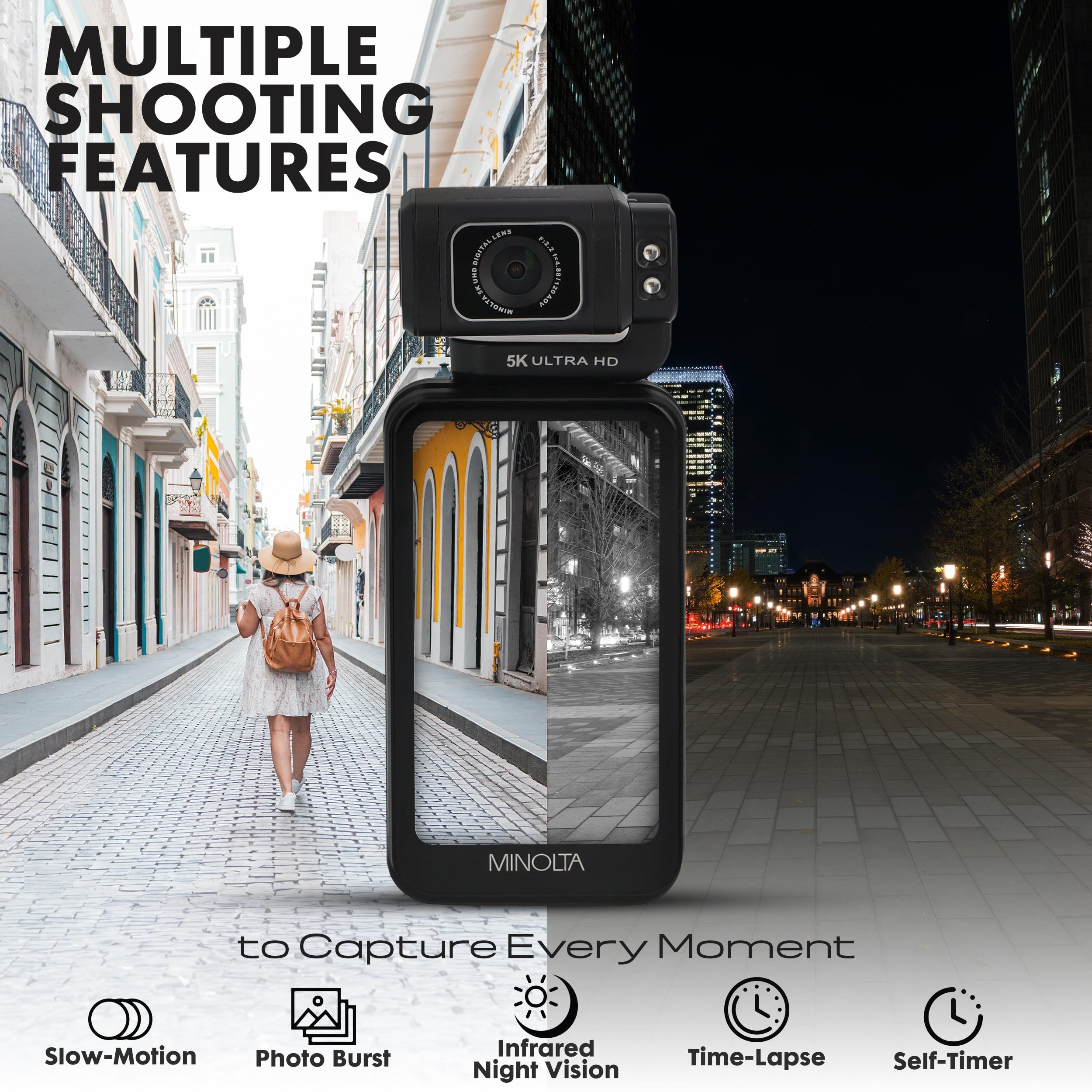 Minolta Pocket Camcorder – 5K Ultra HD Video, 4K at 60fps, 20MP Photos, Night Vision, Motorized 180° Tilting Lens, 3.5” Touchscreen, Wi-Fi, App Control, Infrared Sensor, Compact, Gimbal-Style