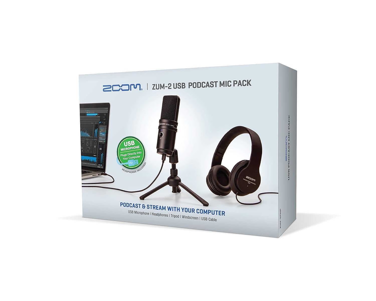 Zoom Zum-2 Podcast Mic Pack for Podcasting, Music, and Voice-Overs, Includes USB Microphone, Headphones, Tripod, Windscreen, and USB Cable