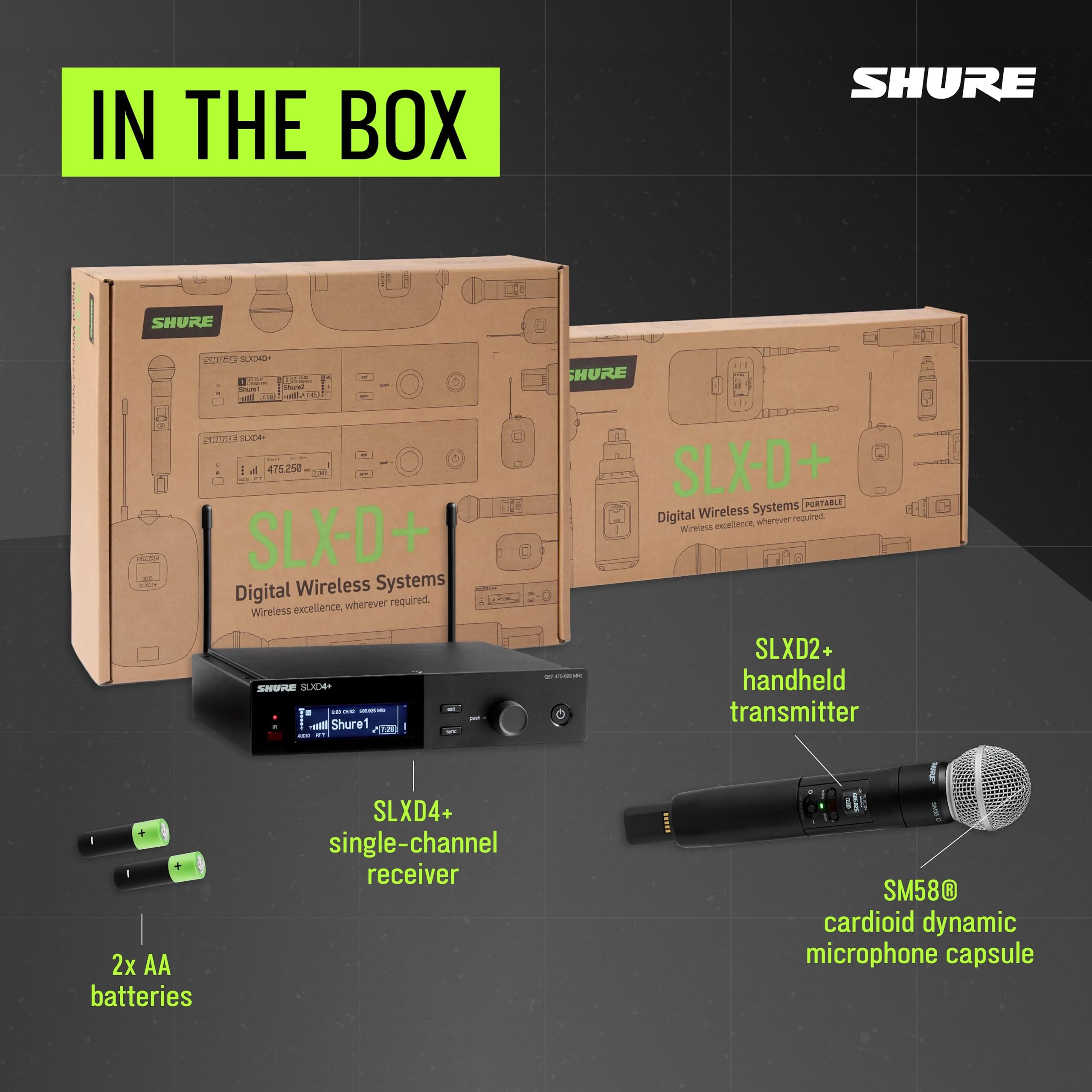 Shure SLXD24+/58 Handheld Wireless System - Includes SLXD4+ Receiver, SLXD2+ Handheld Transmitter with SM58 Capsule, Bluetooth Monitoring, Feedback Reduction, WWB and Mobile App Control, G57 Band