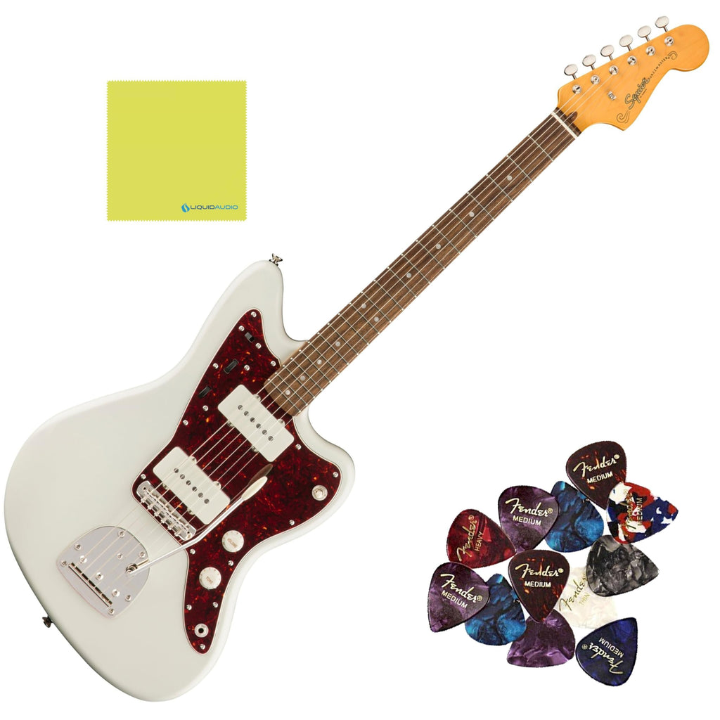 Squier Classic Vibe '60s Jazzmaster Electric Guitar Bundle with 12 Guitar Picks & Polishing Cloth – Olympic White, Laurel Fingerboard, Vintage-Style Tremolo, Alnico Single-Coil Pickups