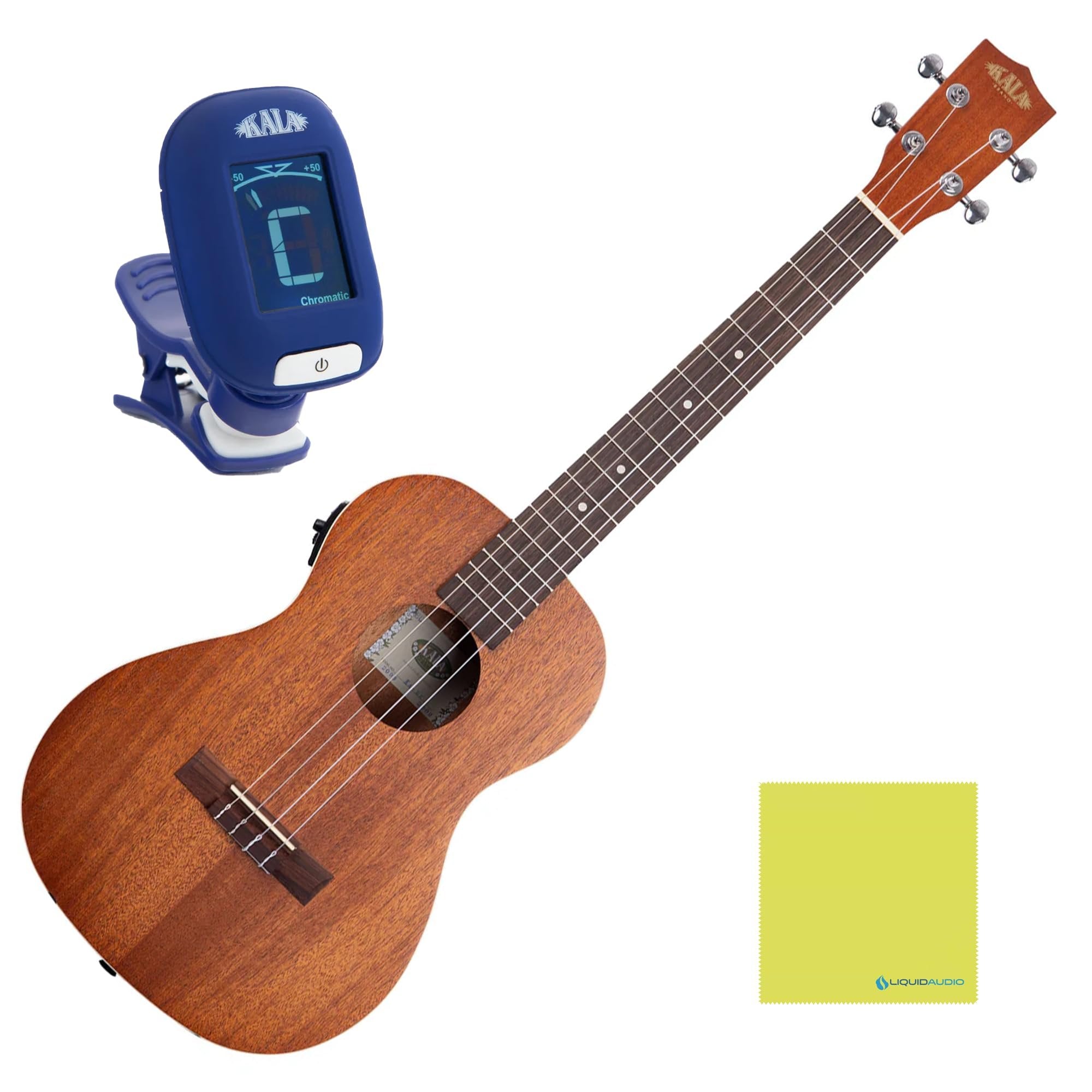 Kala KA-BE Mahogany Baritone Ukulele with EQ Bundle with KALA Klipz Blue Clip-On Tuner & Polishing Cloth – Electric-Acoustic Ukulele with Built-In EQ, Warm Tone & Chrome Die-Cast Tuners