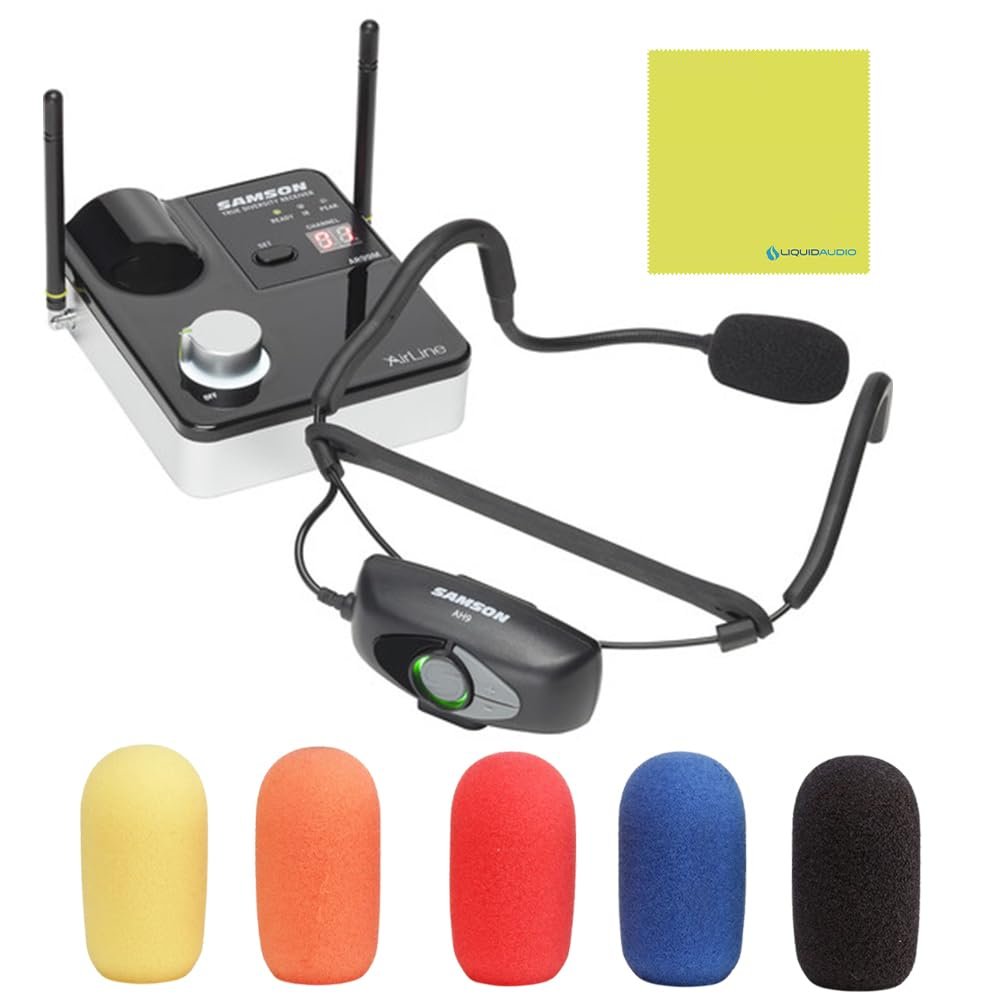 Samson Airline 99m Fitness Headset System, Black Bundle with Samson WS5E Windscreen 5-Pack & Polishing Cloth – Wireless UHF Headset Mic, K Band: 470–494 MHz