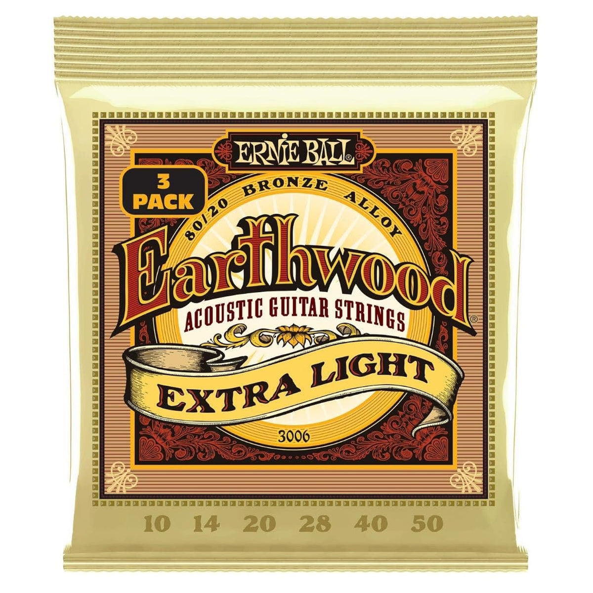 Ernie Ball Earthwood Extra Light 80/20 Bronze Acoustic Guitar Strings 3-pack, 10-50 Gauge (P03006)