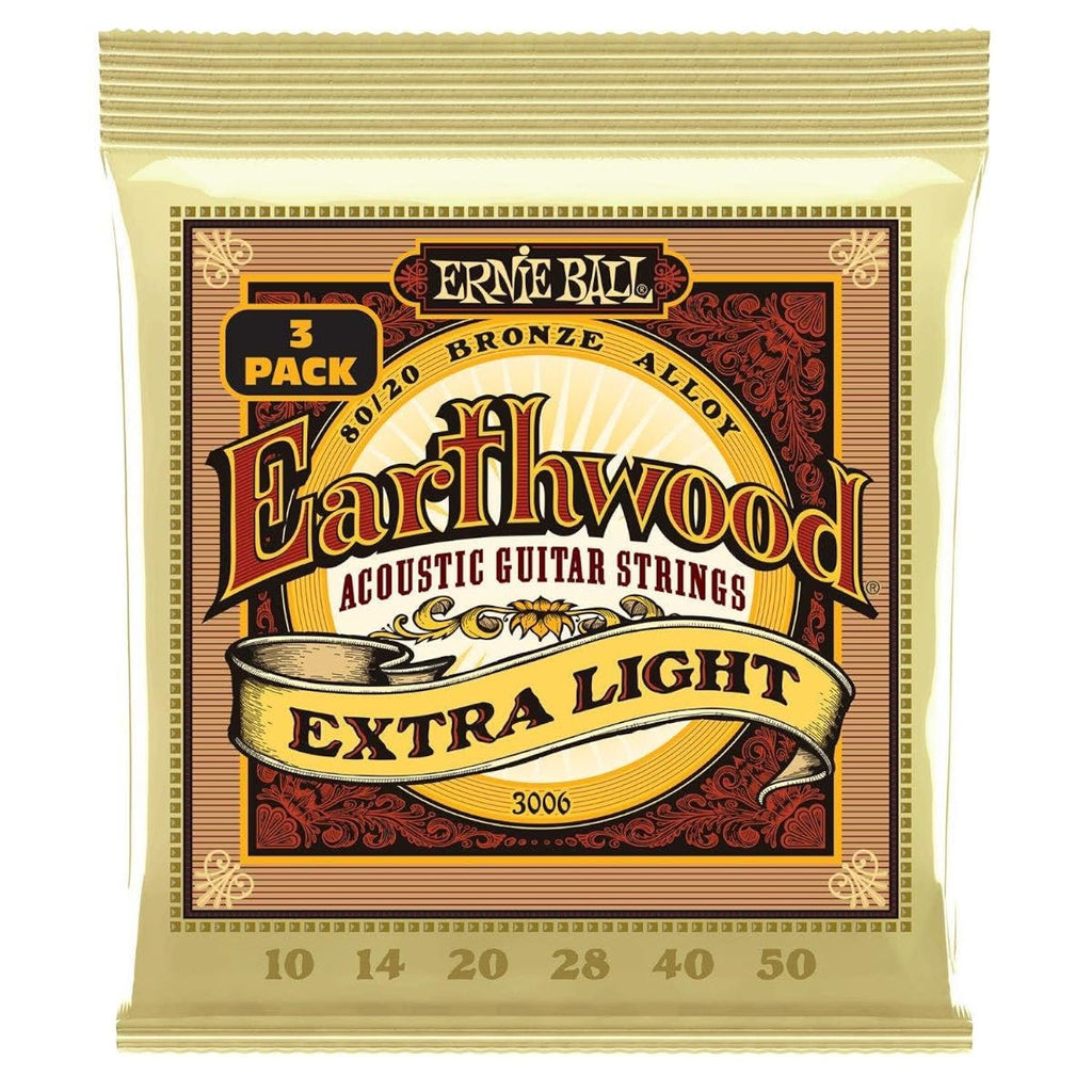 Ernie Ball Earthwood Extra Light 80/20 Bronze Acoustic Guitar Strings 3-pack, 10-50 Gauge (P03006)
