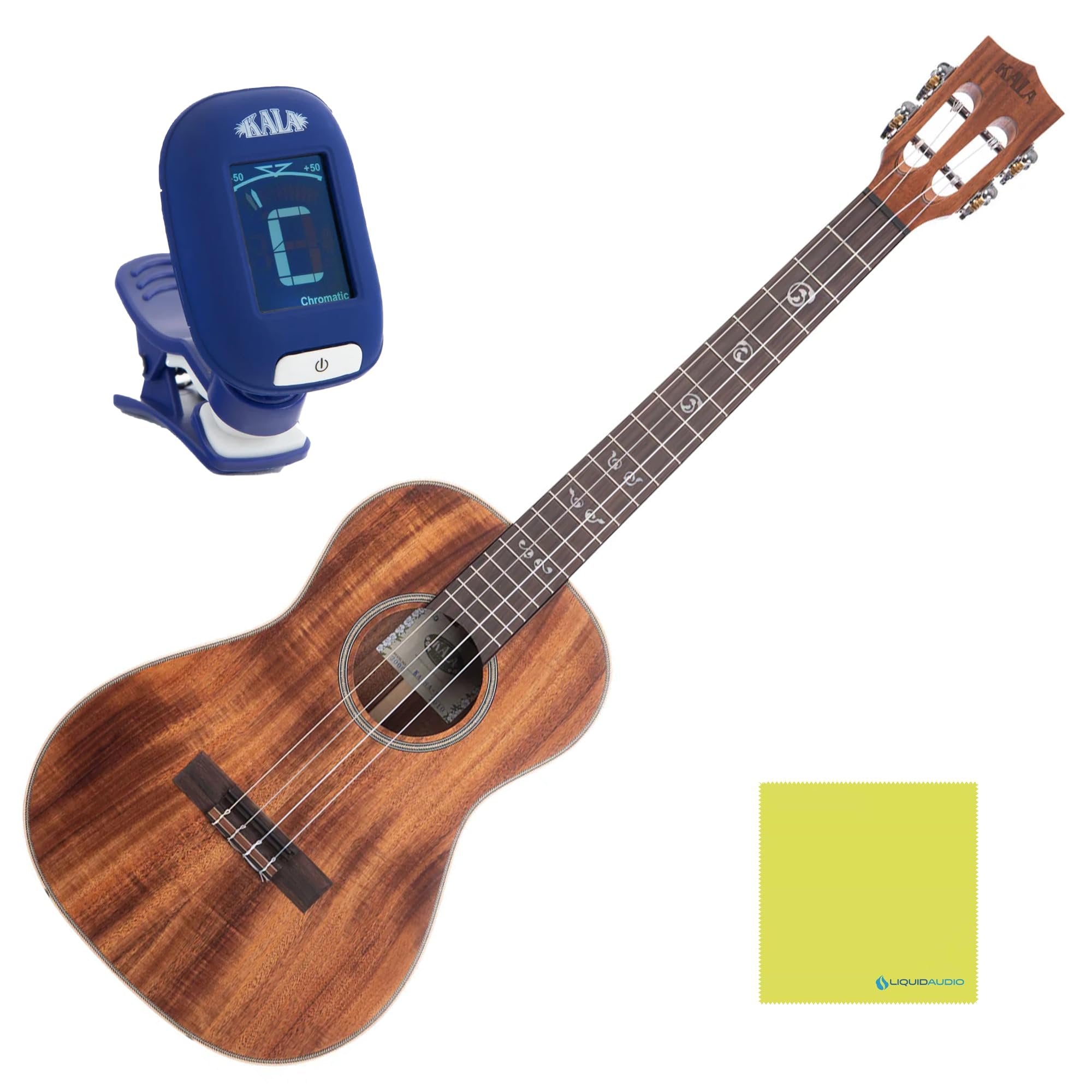 Kala KA-SA-B Solid Acacia Baritone Ukulele Satin Natural Bundle with KALA Klipz Blue Clip-On Tuner & Polishing Cloth – Rich Tone, Maple Binding, Slotted Headstock, Premium Baritone Build