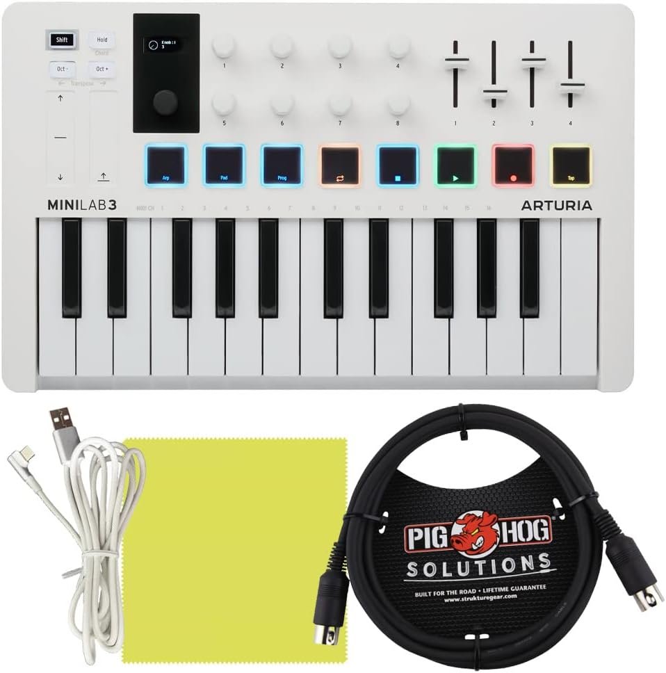 Arturia MiniLab 3 Portable 25-Key MIDI Keyboard Controller (White) with Pig Hog MIDI Cable, Polishing Cloth & Software Included