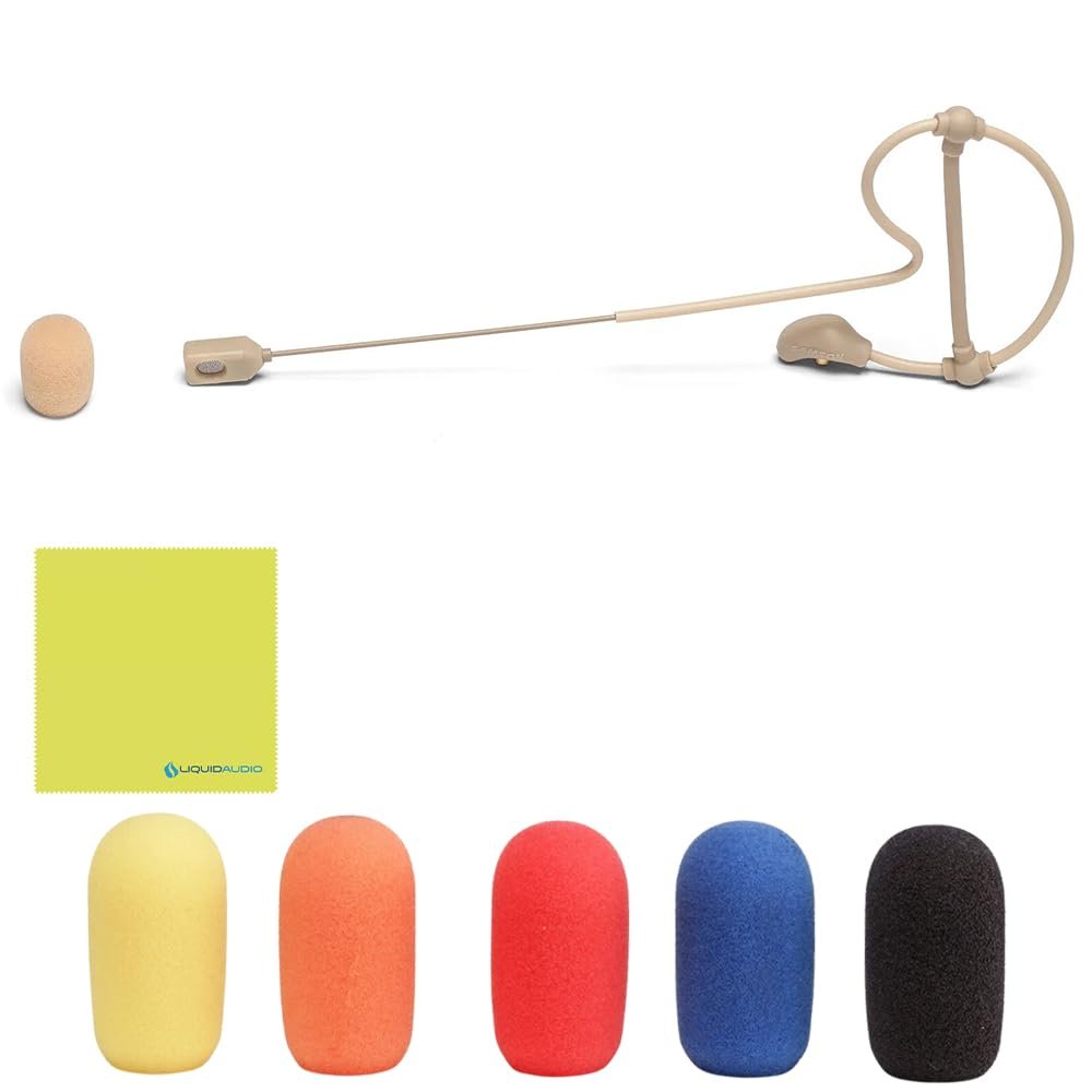 Samson SE60x Unidirectional Earset Microphone Bundle with 5X Samson Windscreens & Polishing Cloth - Four Adaptor Cables Compatible with Most Popular Wireless Systems, Tan