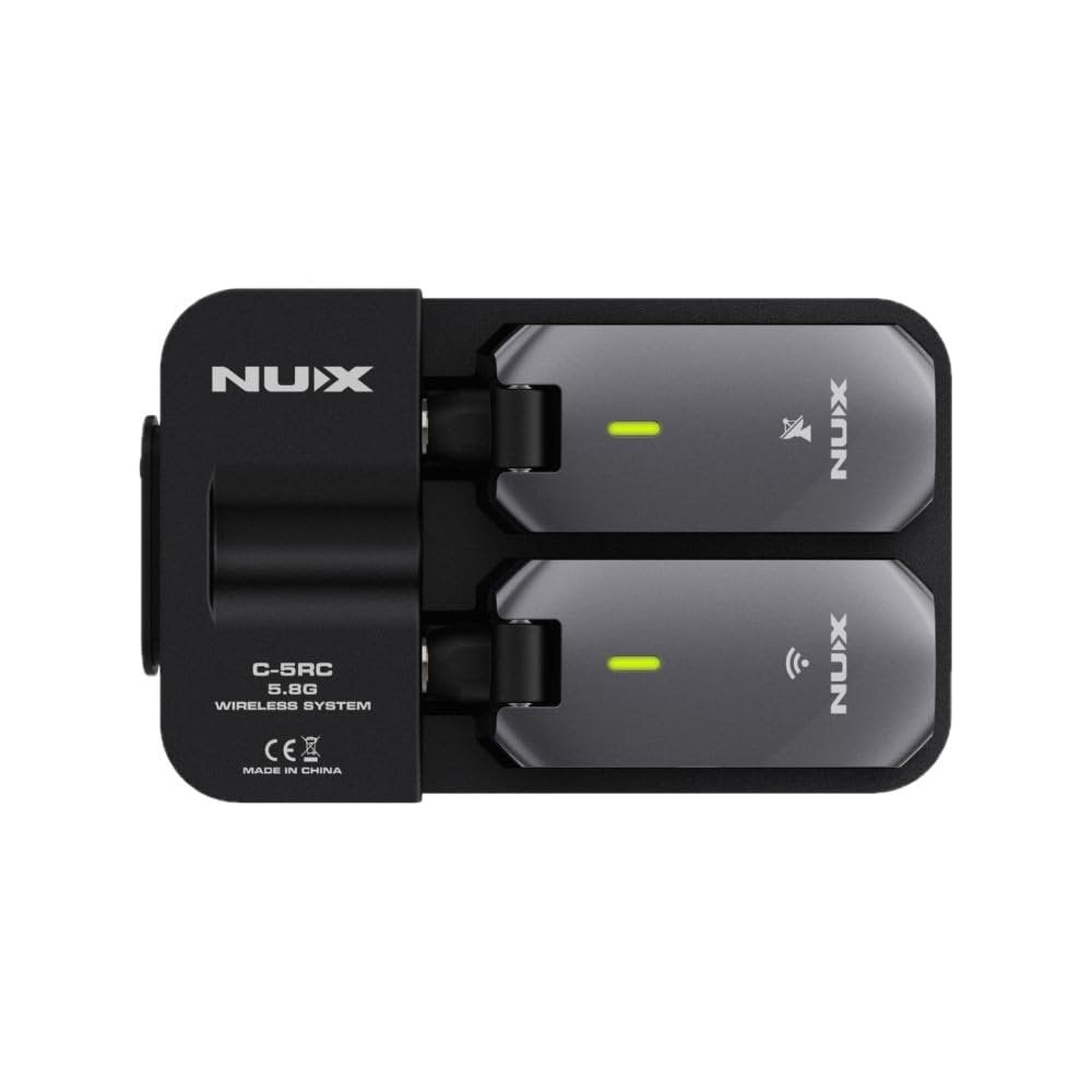 NUX Guitar Wireless System (C-5RC 5.8GHz) for Active/Passive Pickup Guitar with Charging Case Bundle with 2x Strukture S6P48 Woven Right Angle Patch Cables, 12x Fender Guitar Picks & Polishing Cloth