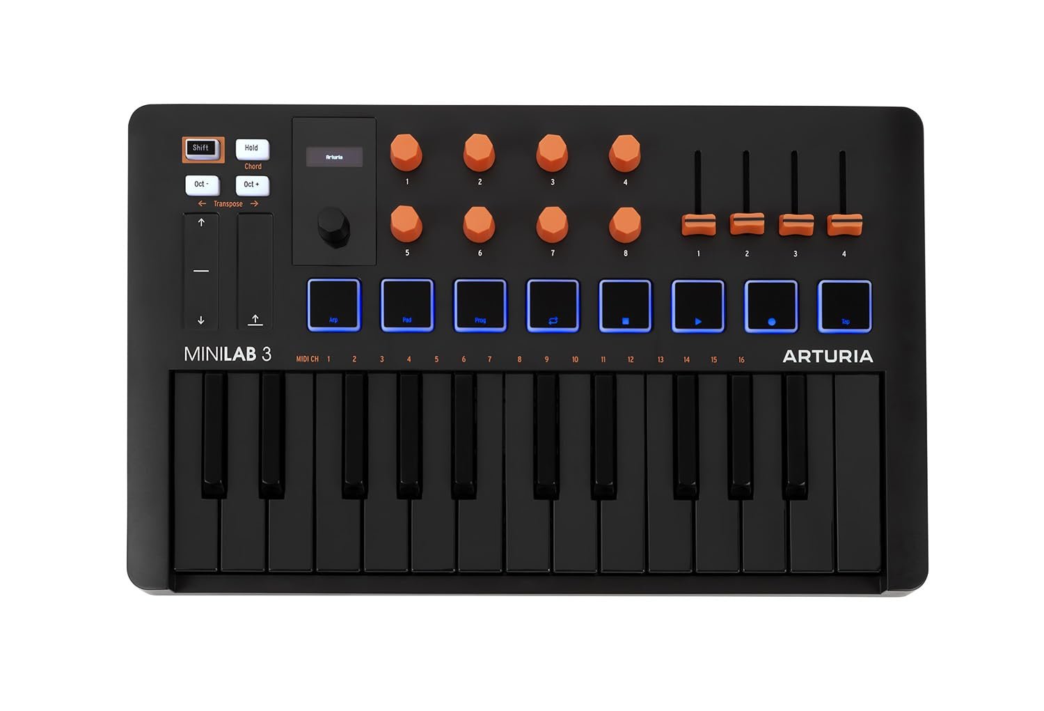 Arturia MiniLab 3, 25 Slim-Key USB-C Midi Controller with 5-Year Warranty, 8 Backlit LED Pads, 8 Knobs, 4 Faders, Midi Out, Built-in Arpeggiator, Chord mode and Software Bundle
