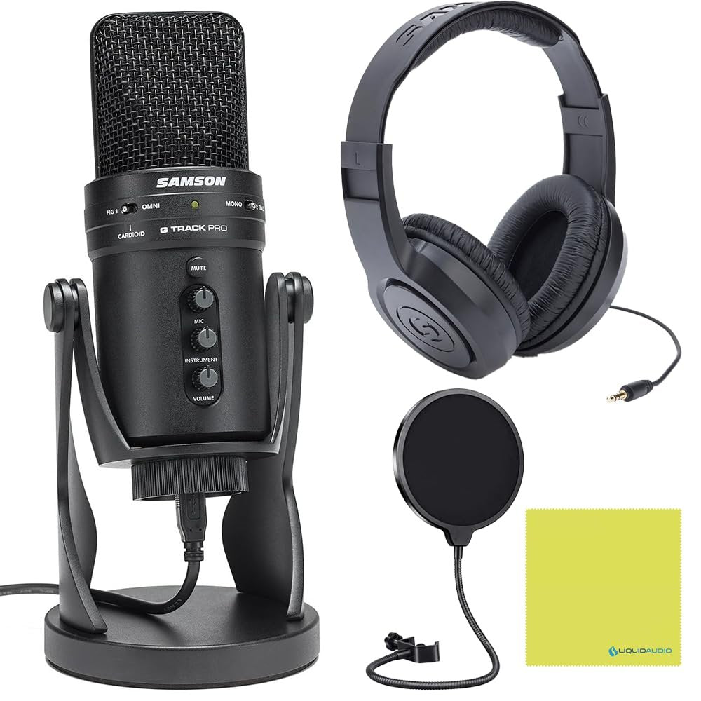 Liquid Audio Samson G-Track Pro Professional USB Microphone with Audio Interface Bundle w/Samson SR350 Over-Ear Stereo Headphones, Pop Filter Polishing Cloth
