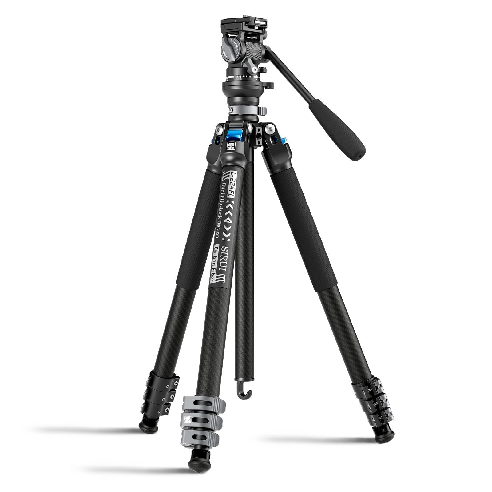 SIRUI Carbon Fiber Travel Tripod with Fluid Head, 60" Lightweight Compact Tripod for Cameras, Quick Mini Flip Locks, Reversible Center Column, Max Load 11lbs (L-224FL+KV-5)